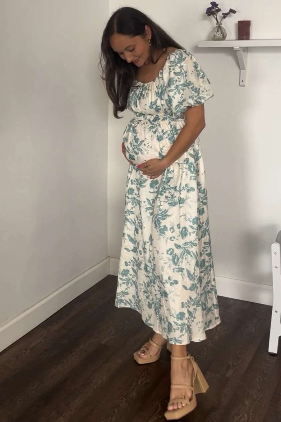 Teal Floral Puff Sleeve Maternity Midi Dress - Image 4