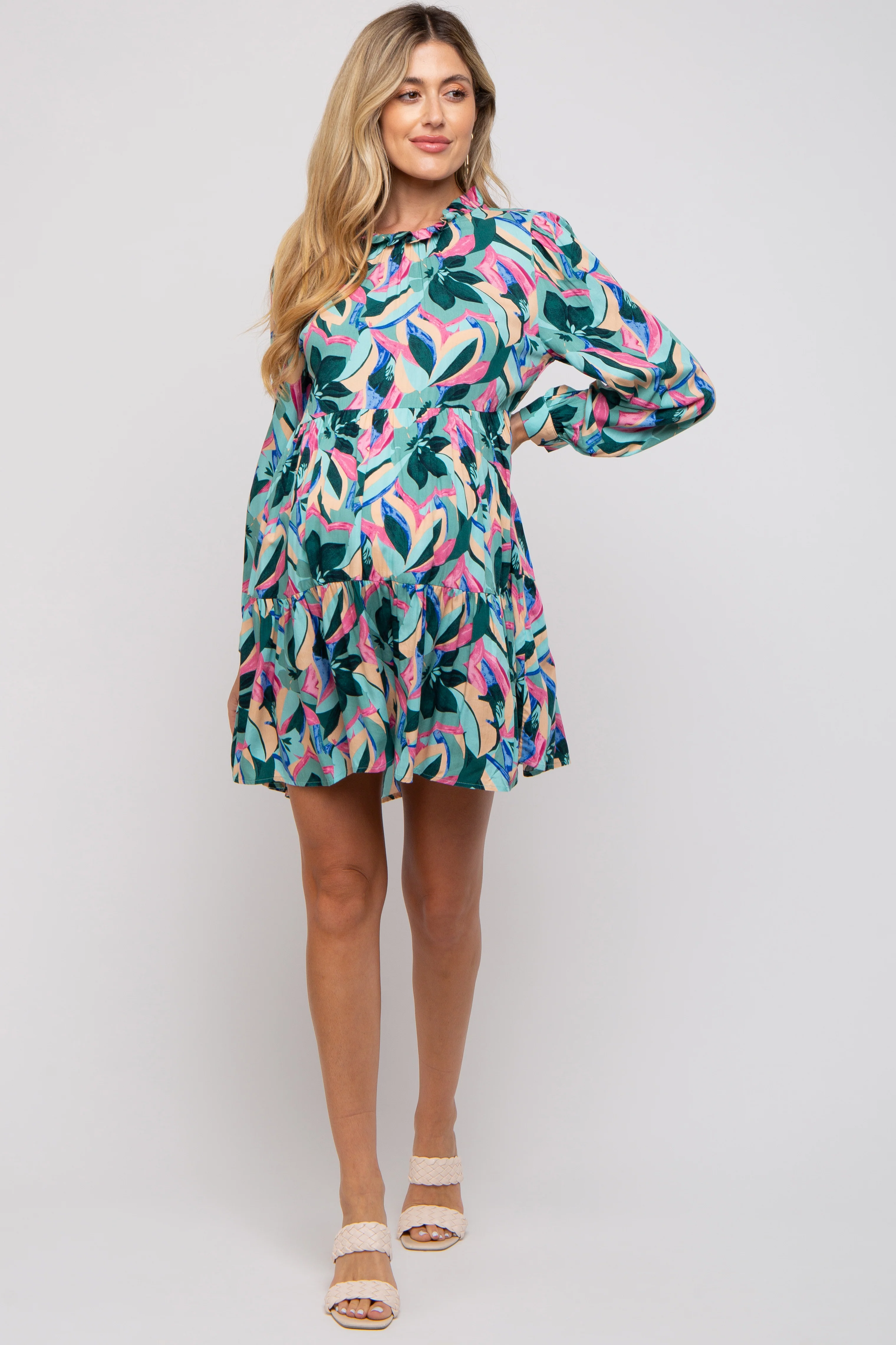 Teal Floral Ruffle Mock Neck Maternity Dress - Image 2