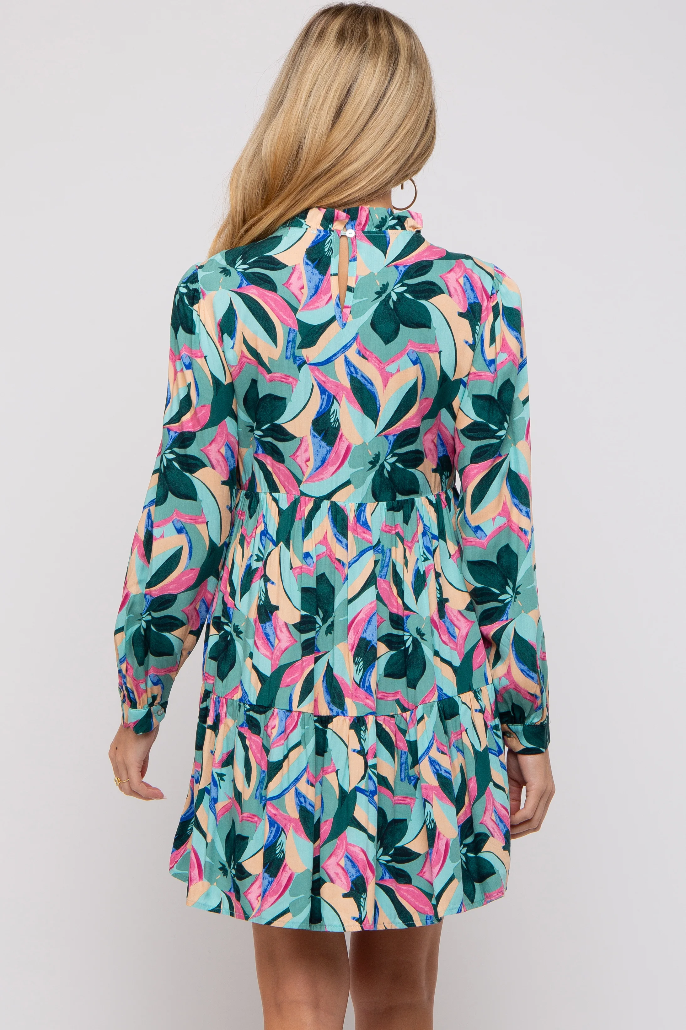 Teal Floral Ruffle Mock Neck Maternity Dress - Image 4