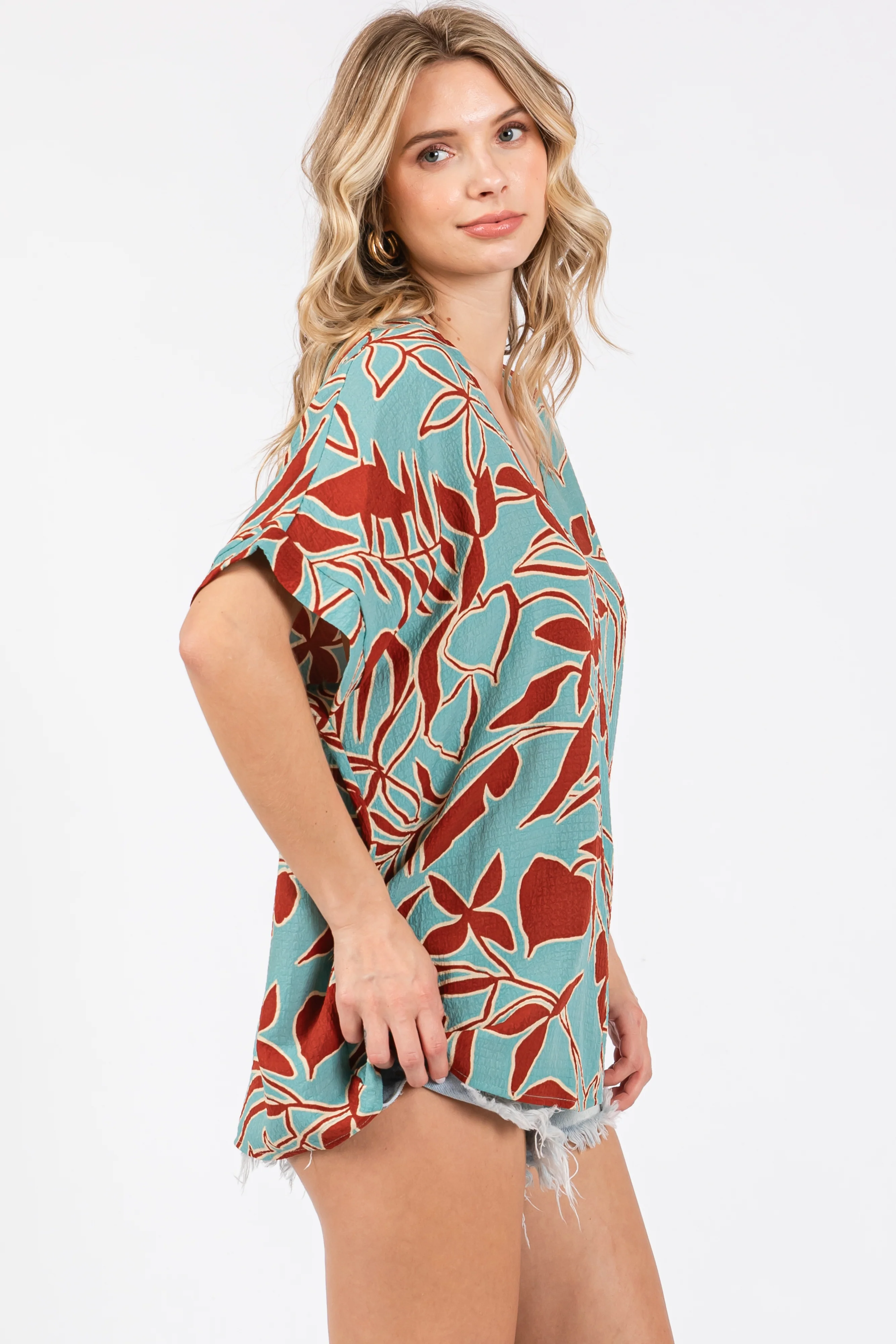 Teal Floral Short Sleeve Blouse - Image 2