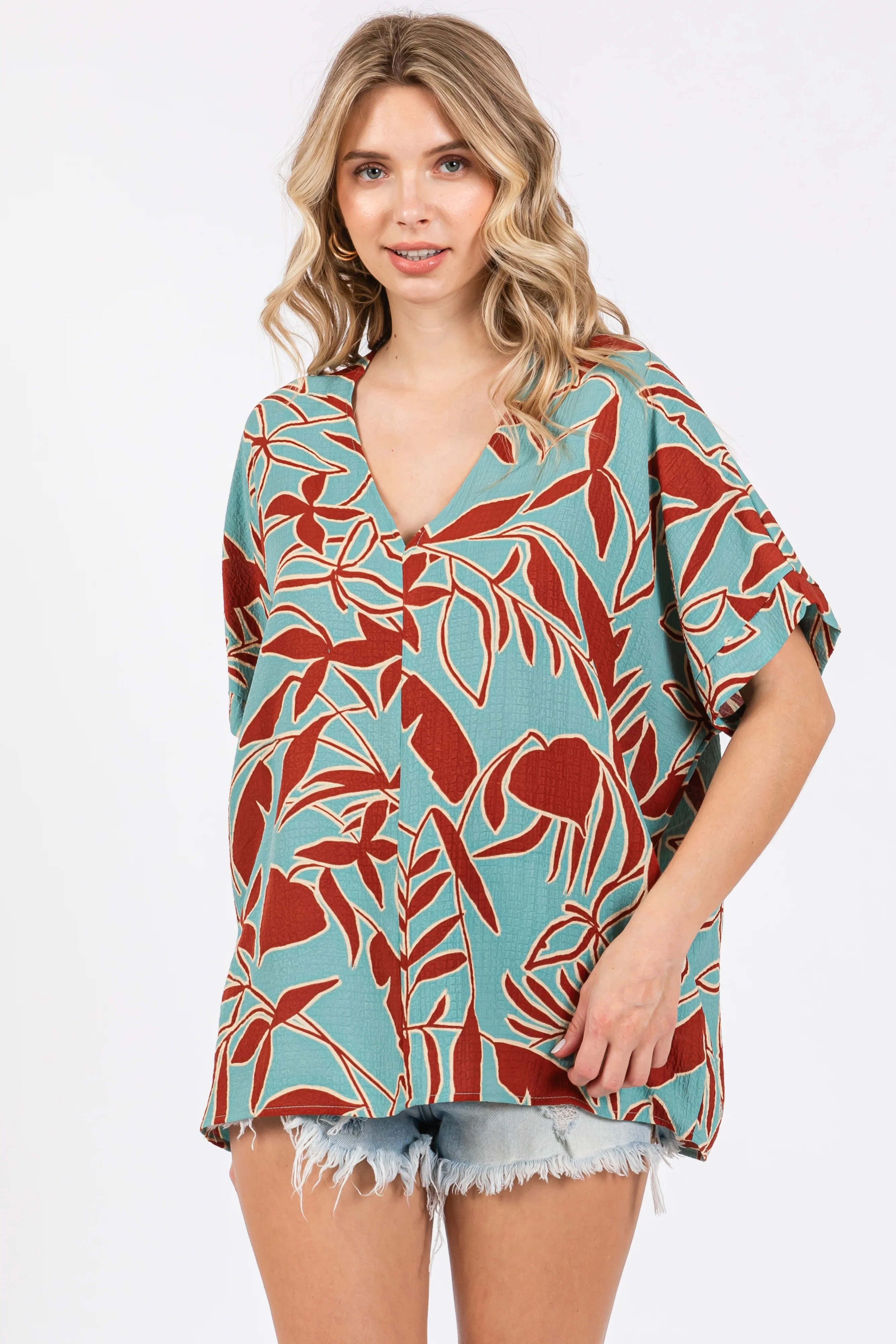 Teal Floral Short Sleeve Maternity Blouse - Image 3