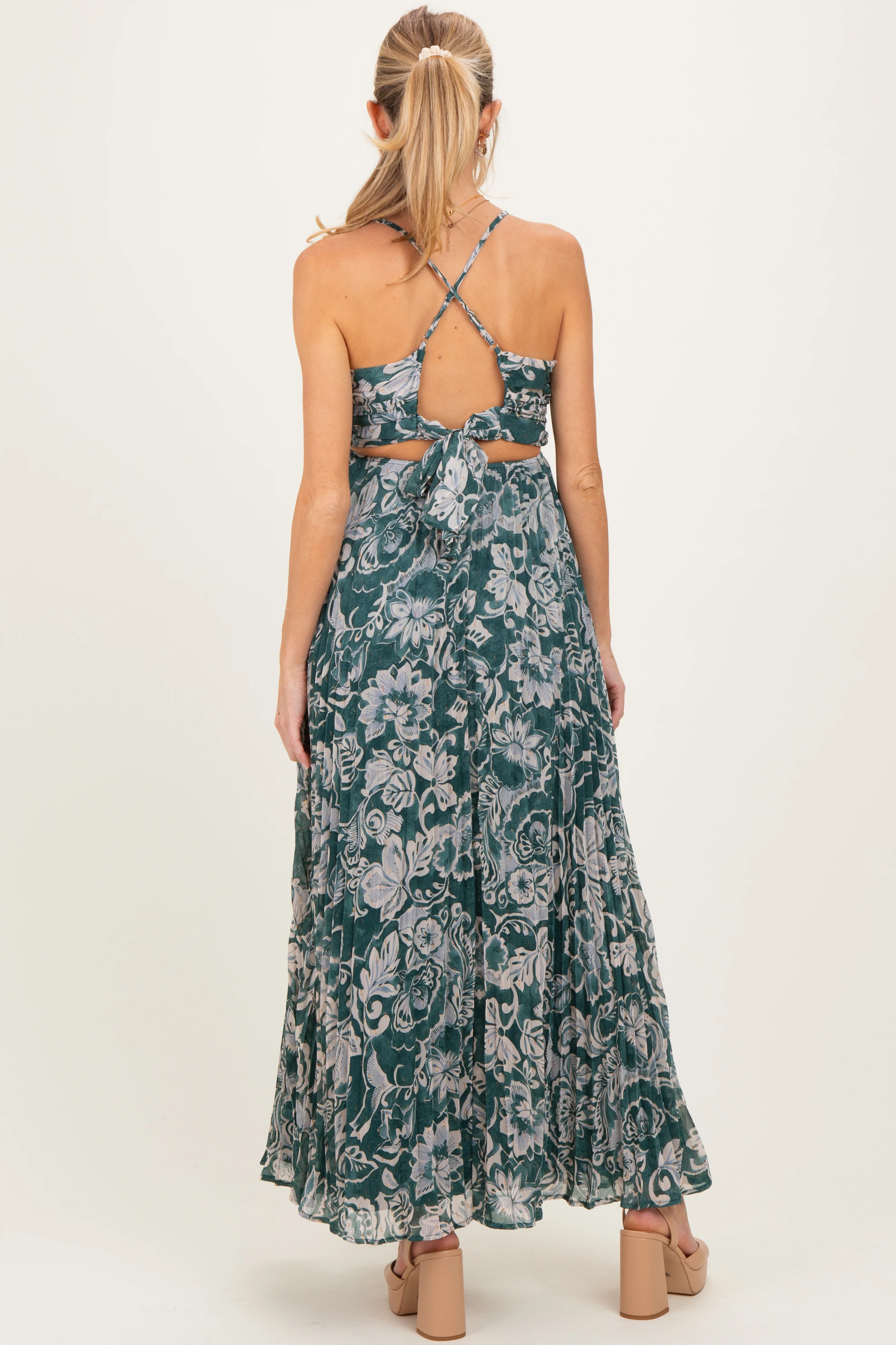 Teal Floral Sleeveless Maternity Maxi Dress - Image 4
