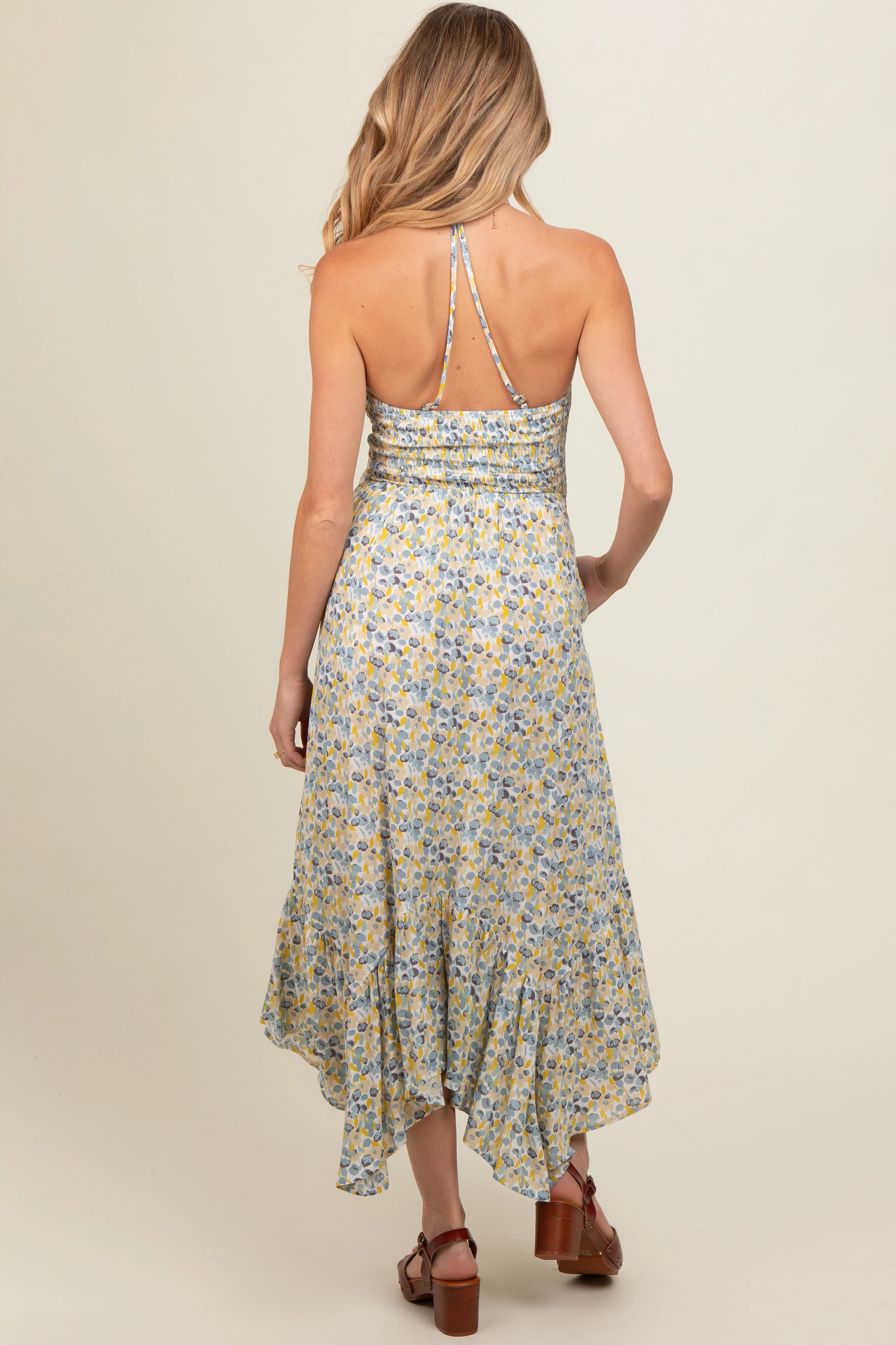 Teal Floral Smocked Halter Flowy Maternity Maxi Dress - Image 5
