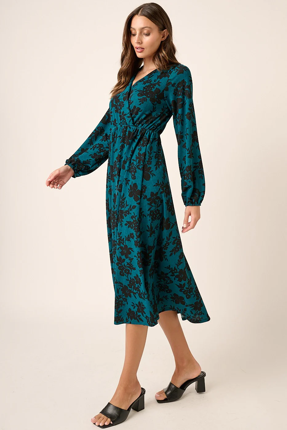 Teal Flower Print Long Sleeve Surplice Midi Dress - Image 2