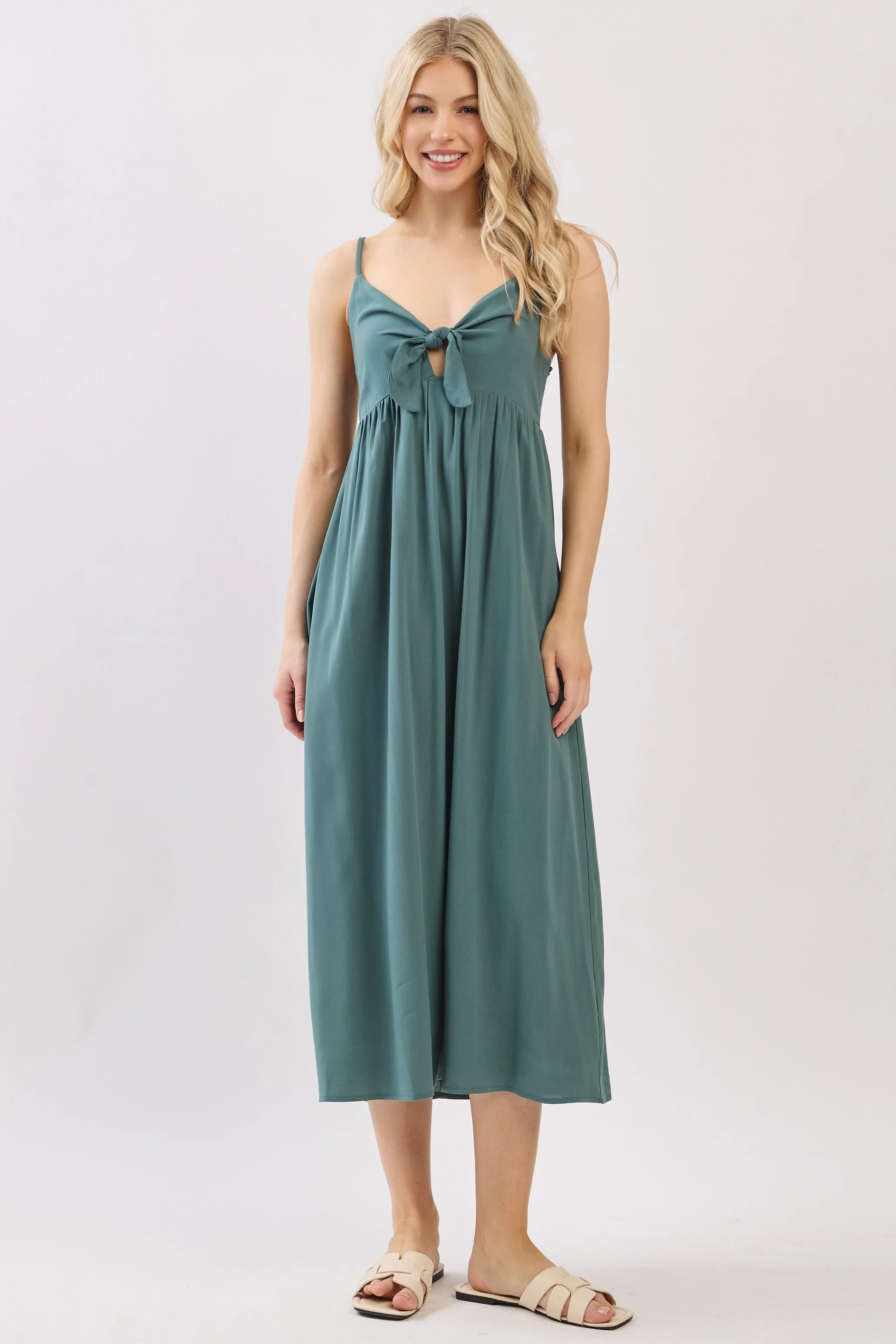 Teal Front Tie Sleeveless Maternity Midi Dress - Image 5