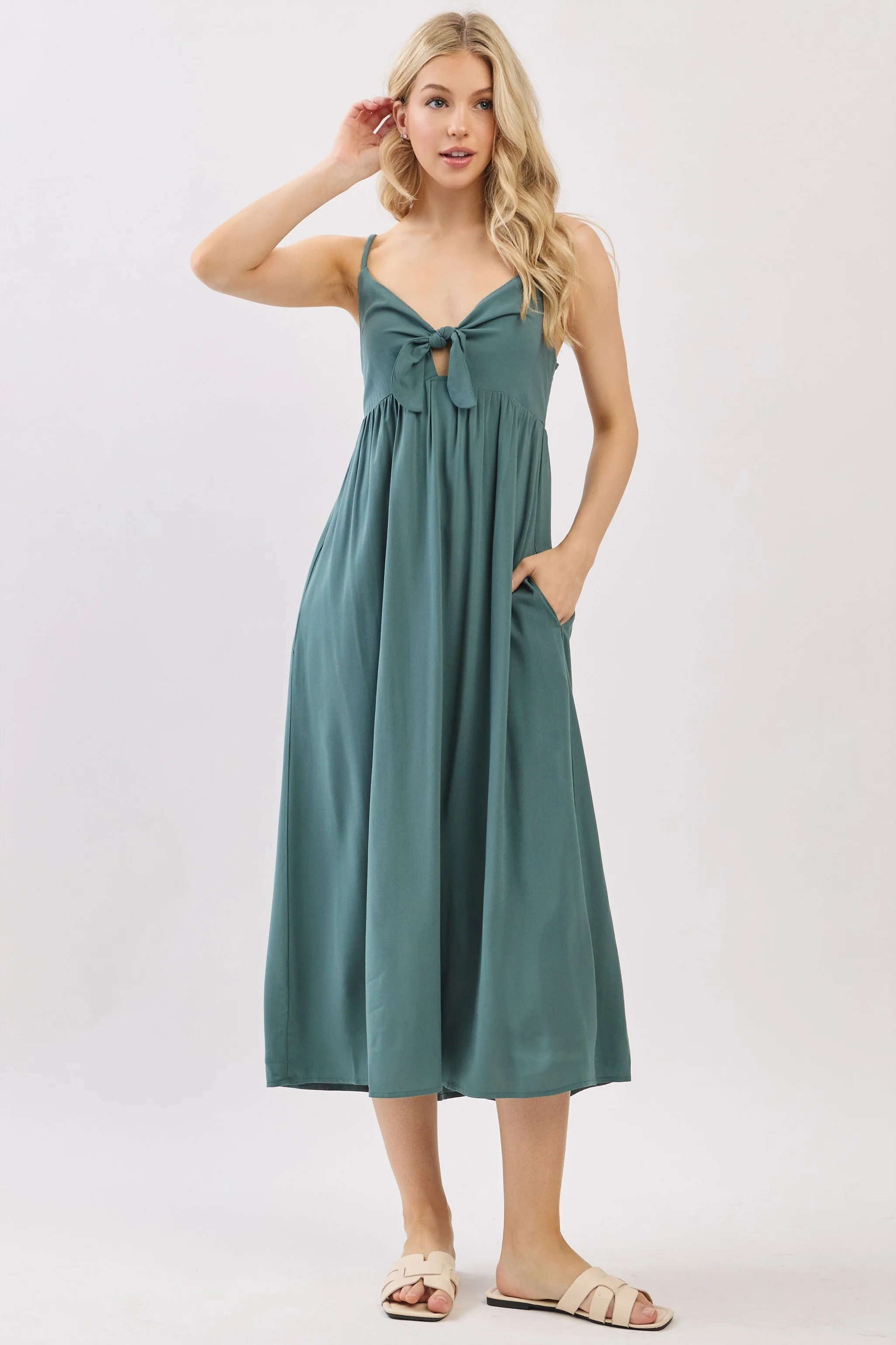 Teal Front Tie Sleeveless Midi Dress - Image 2