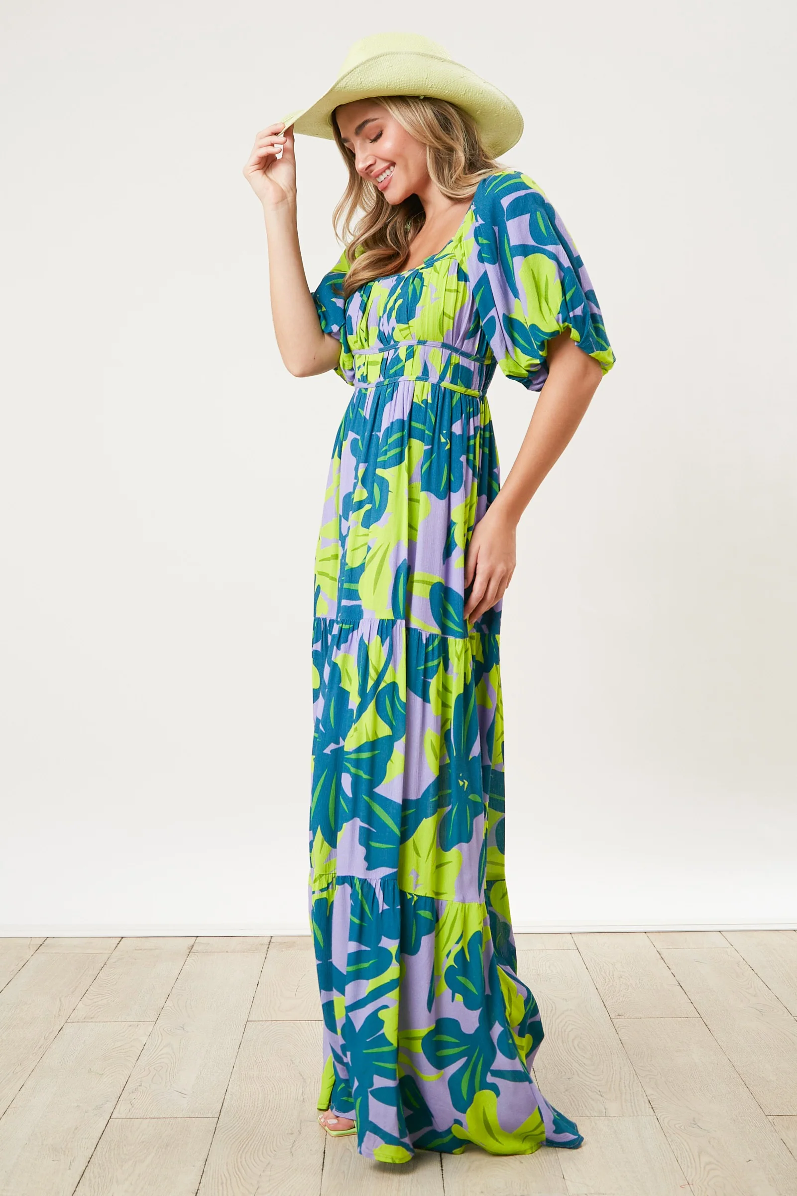 Teal Leaf Print Printed Puff Sleeve Maxi Dress - Image 3