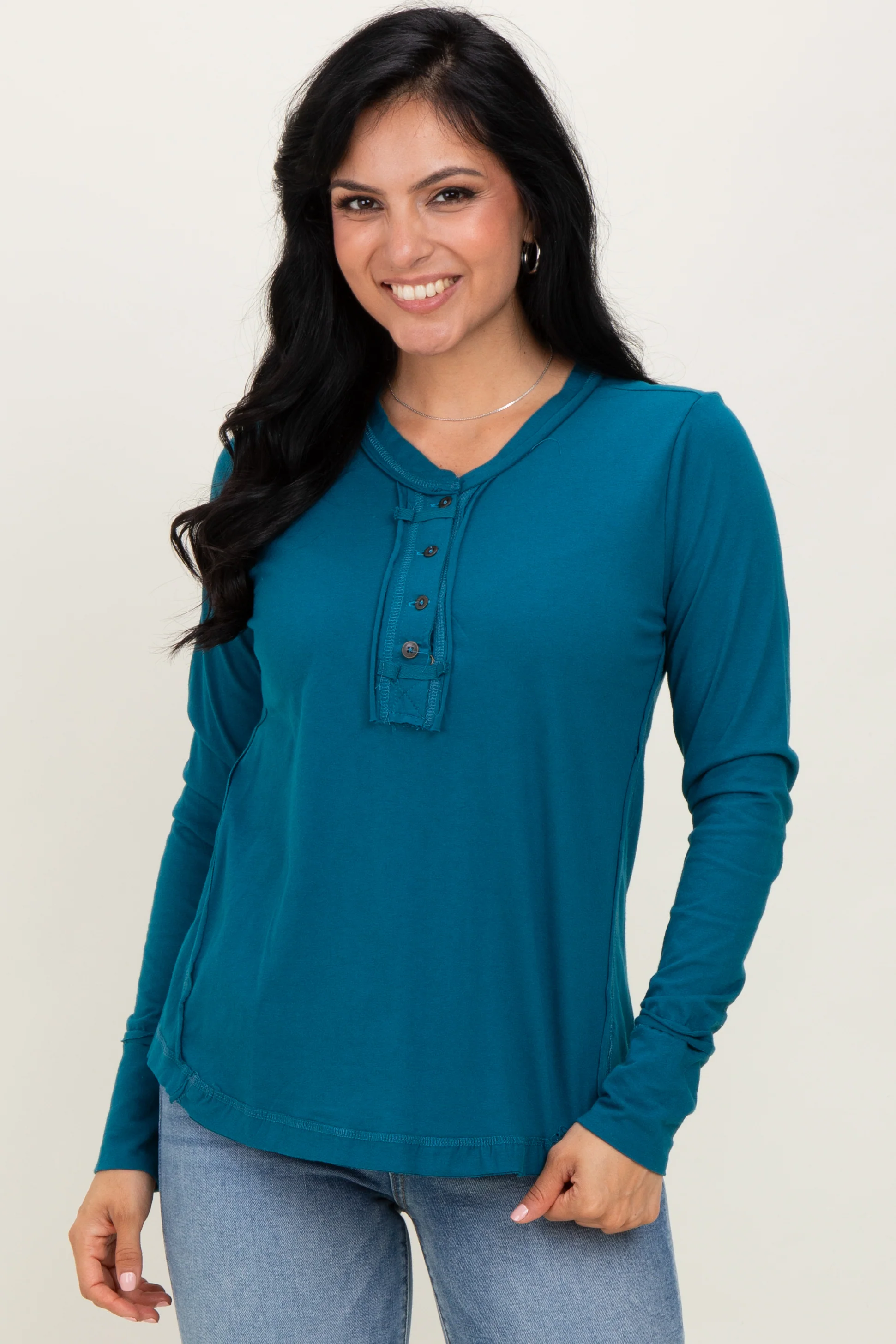 Teal Long Sleeve Exposed Seam Maternity Top - Image 5
