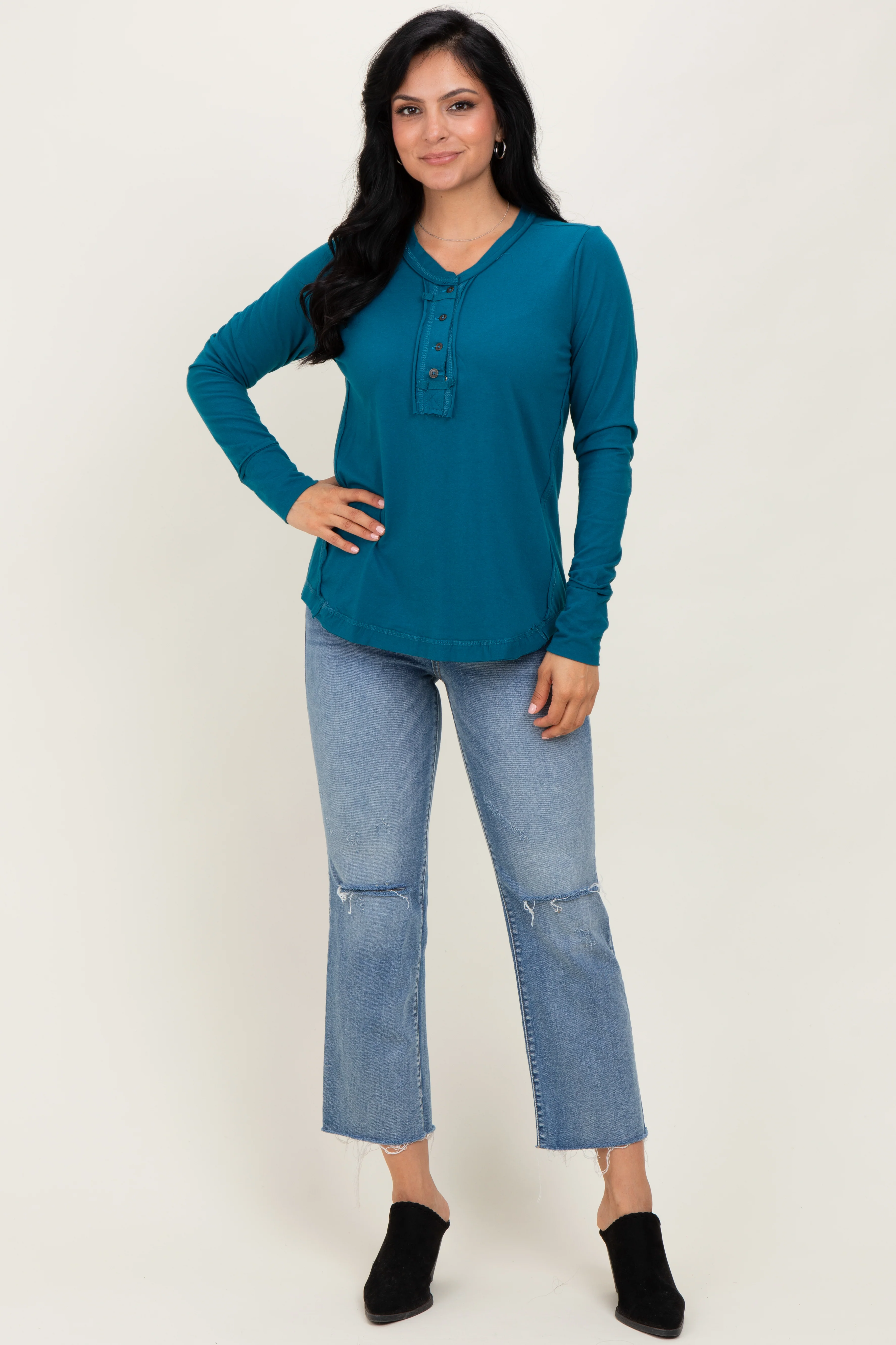 Teal Long Sleeve Exposed Seam Top - Image 2