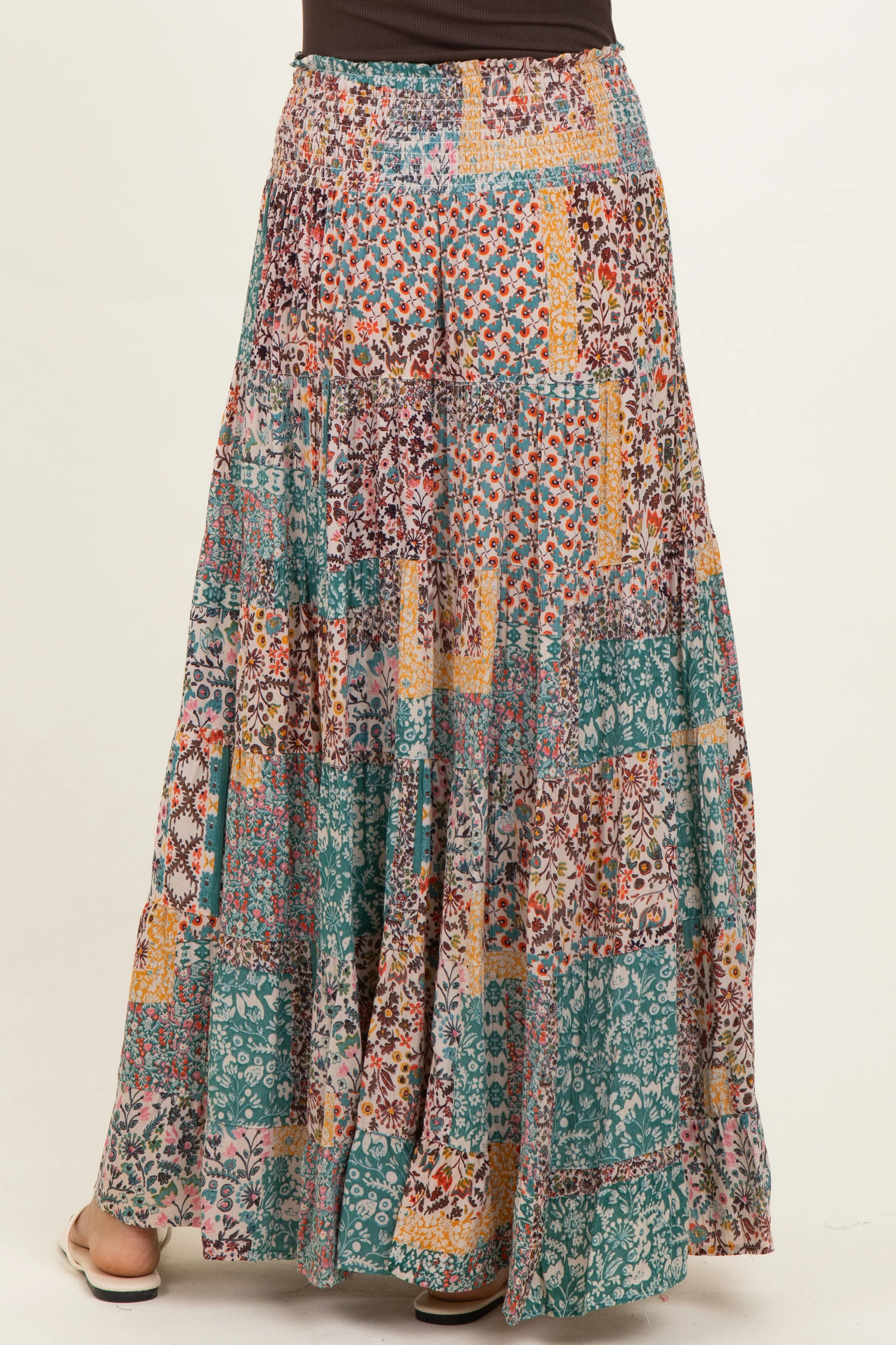Teal Patchwork Print Smocked Waistband Maxi Skirt - Image 4