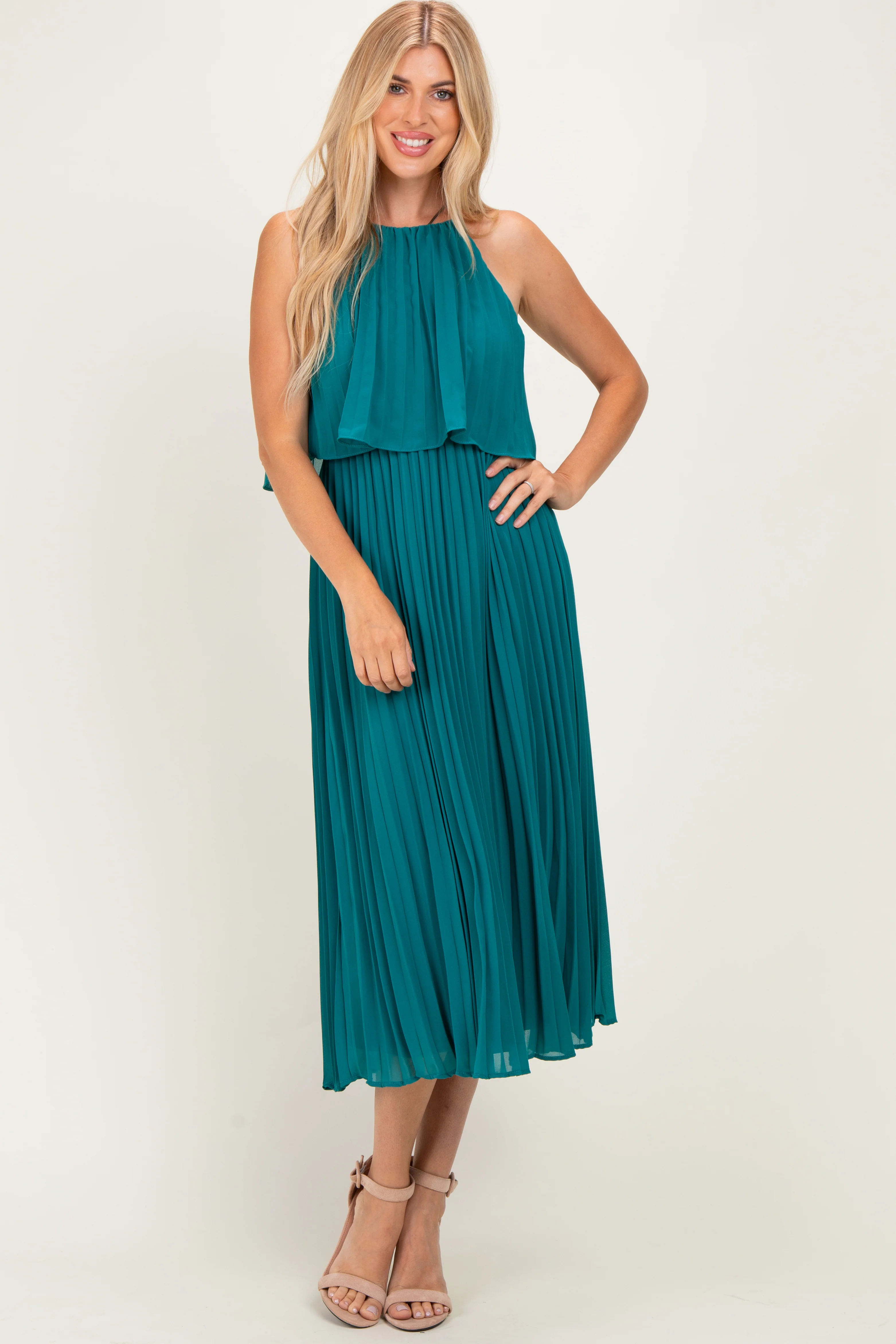 Teal Pleated Woven Maternity Midi Dress - Image 5