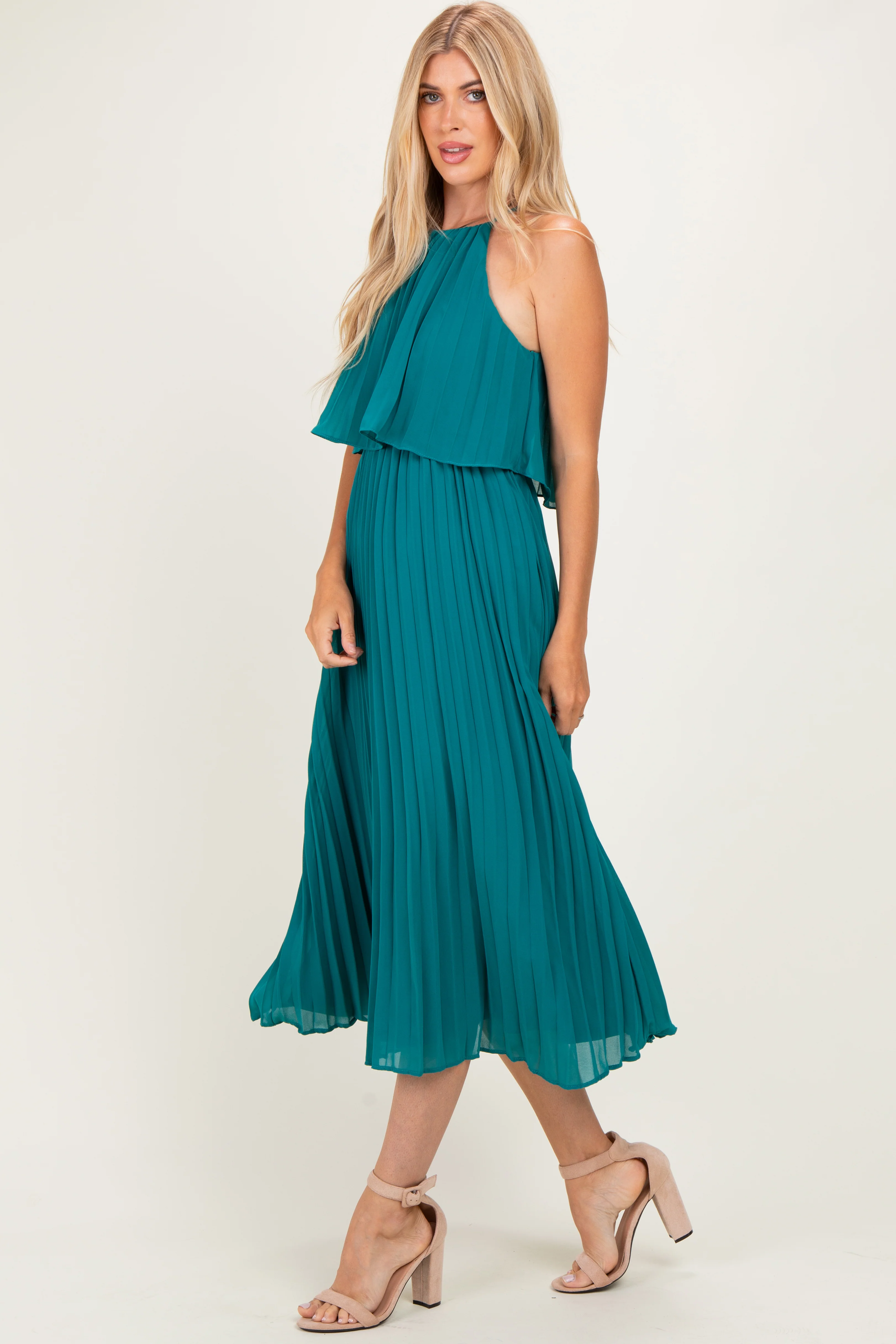 Teal Pleated Woven Midi Dress - Image 3