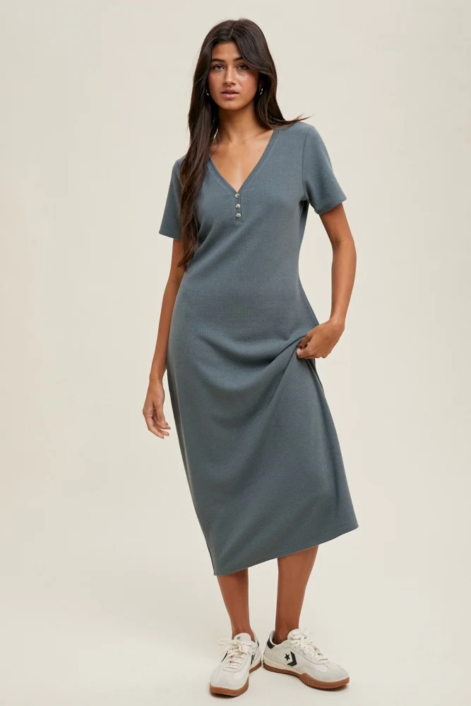 Teal Ribbed Button Detail Maternity Midi Dress - Image 5