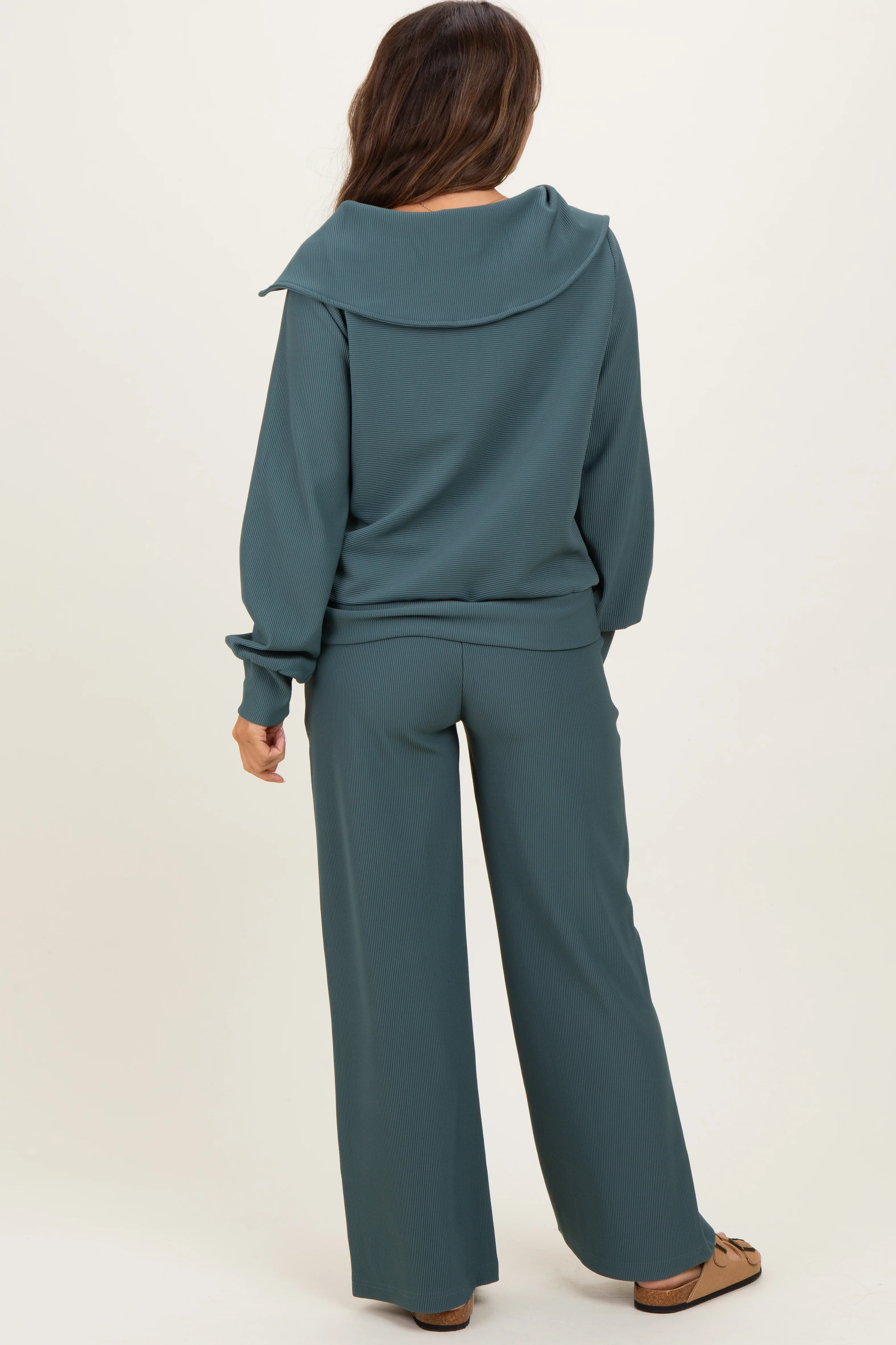 Teal Ribbed High Neck Half Zip Pullover Maternity Pant Set - Image 4