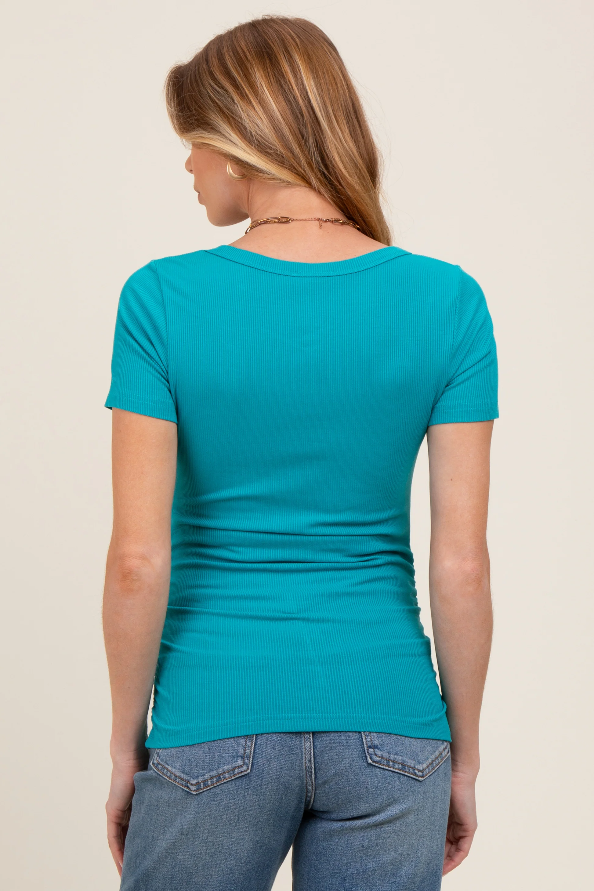 Teal Ribbed Ruched Short Sleeve Maternity Top - Image 4