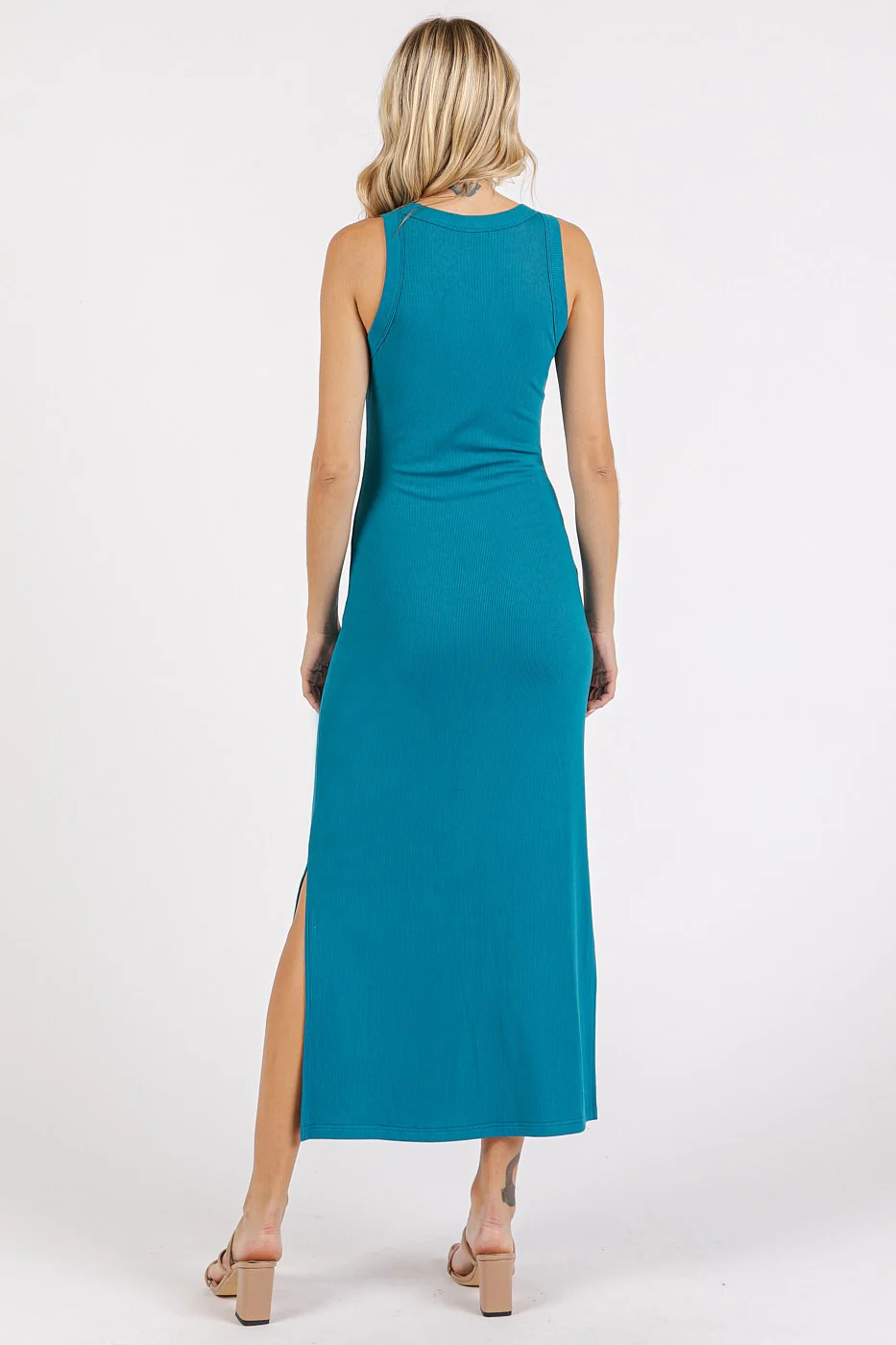 Teal Ribbed Side Slit Tank Dress - Image 3