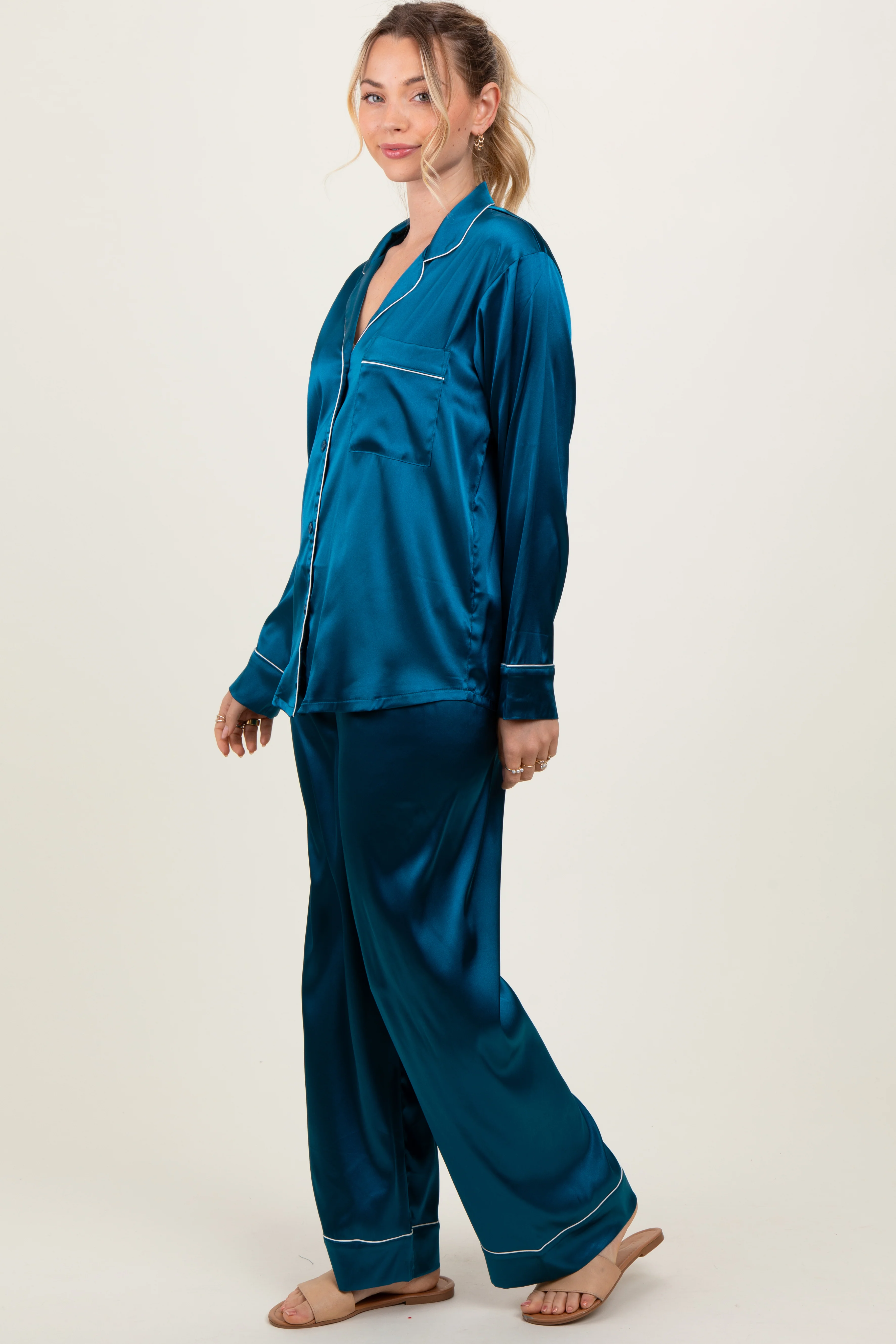 Teal Satin Contrast Trim Long Sleeve Pajama Set - Image 3