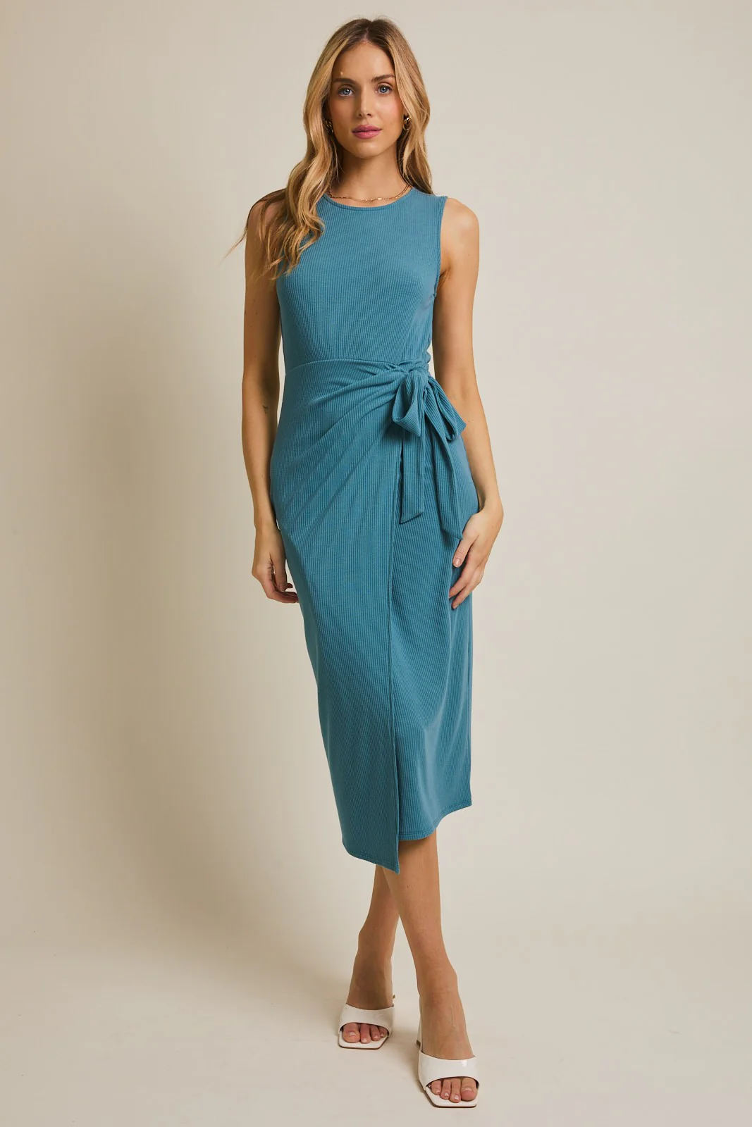 Teal Sleeveless Wrap Tie Waist Maternity Midi Dress - Image 3