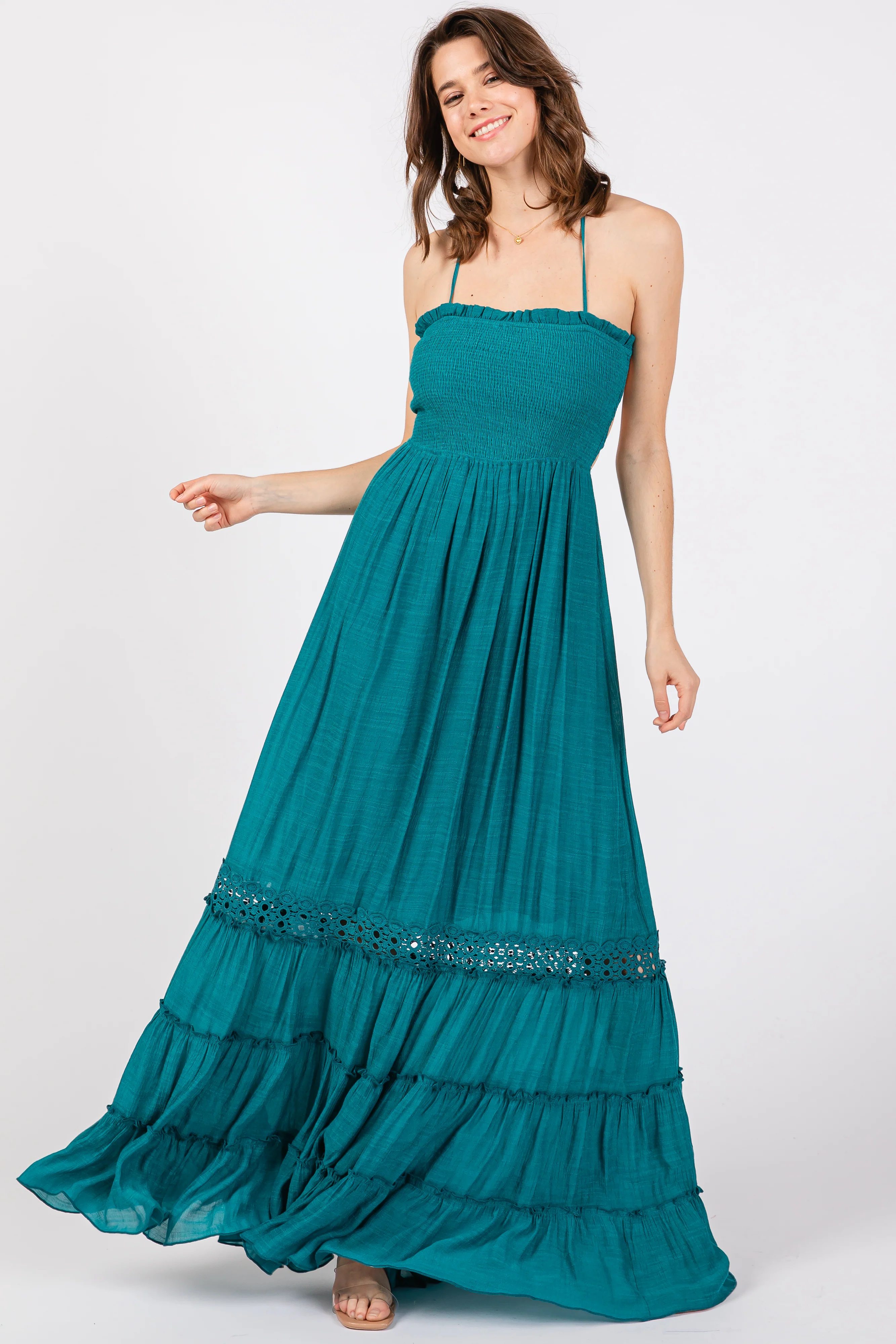 Teal Smocked Open Back Maternity Maxi Dress - Image 5