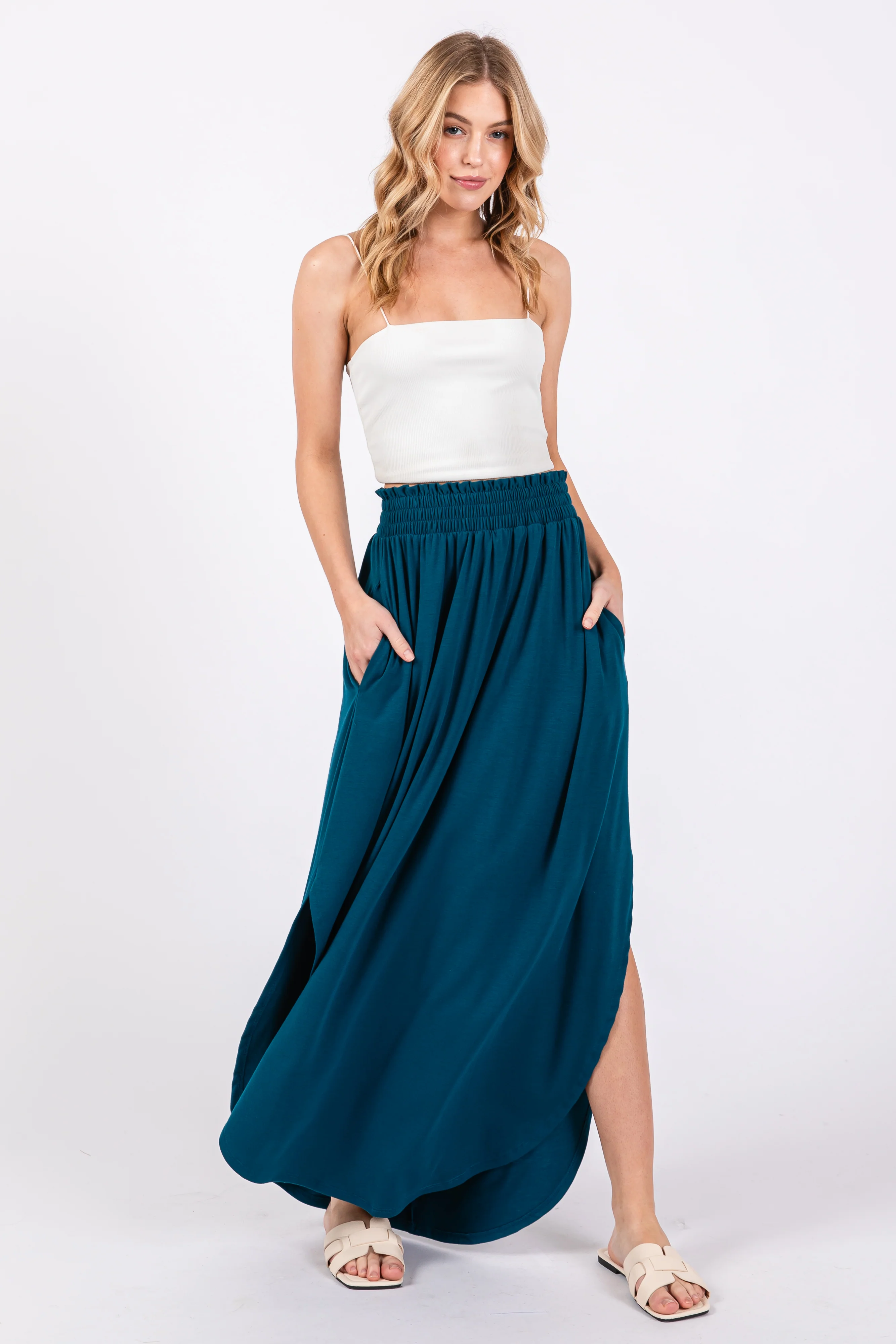Teal Smocked Rounded Hem Maternity Maxi Skirt - Image 5
