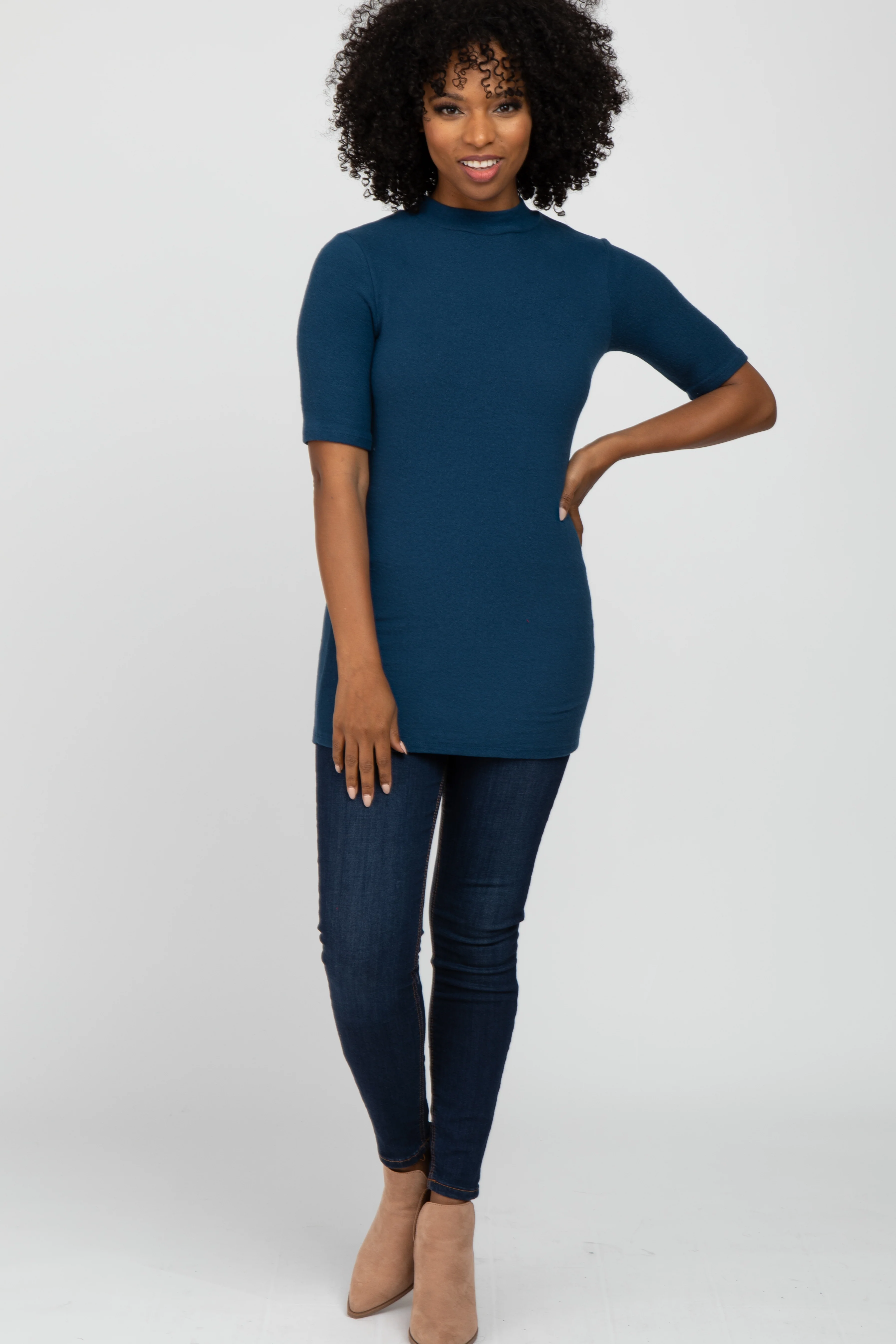 Teal Soft Brushed Knit Mock Neck Top - Image 4