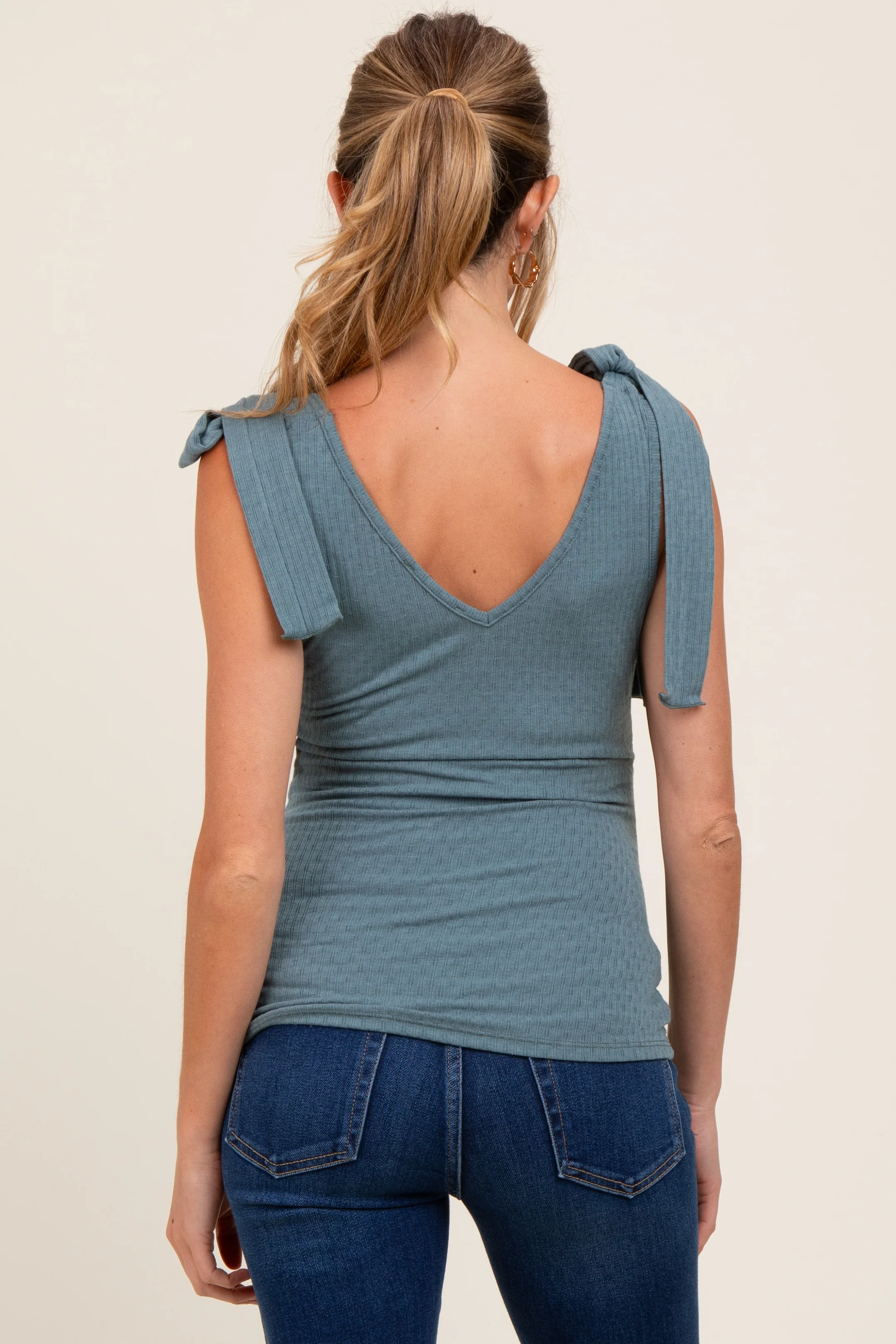 Teal Solid Ribbed Sleeveless Tie V-Neck Maternity Top - Image 3