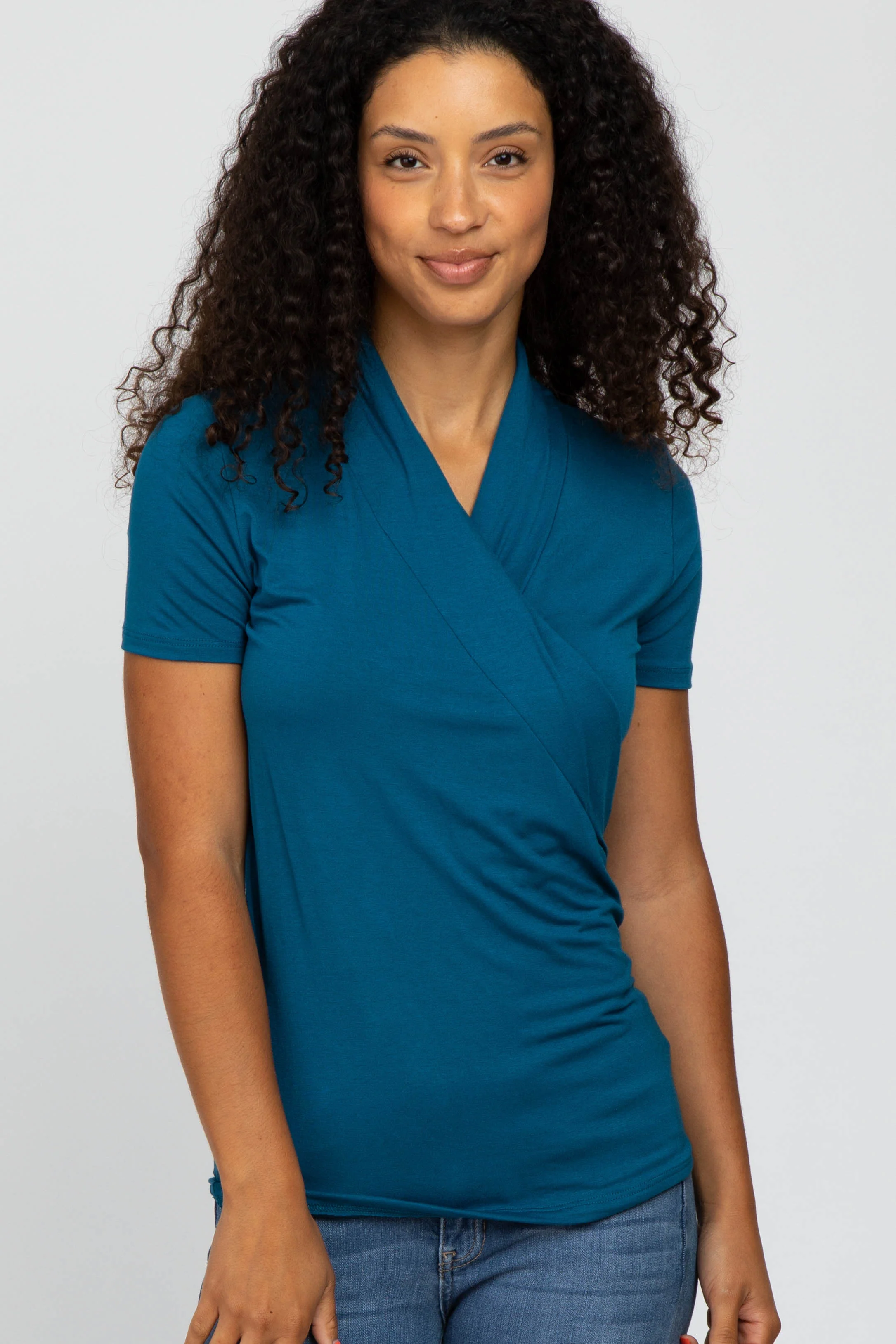 Teal Solid Short Sleeve Wrap Front Maternity/Nursing Top - Image 5