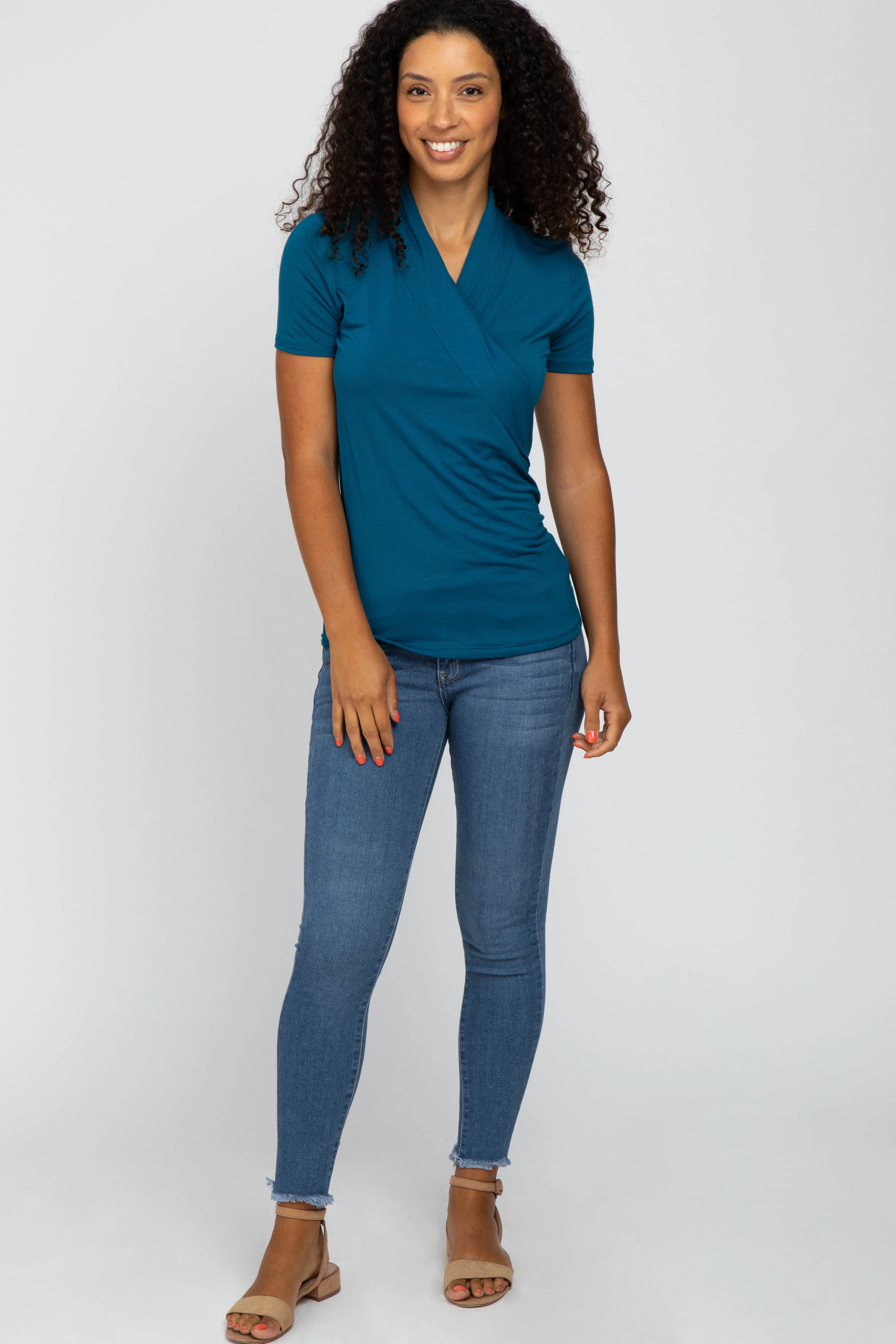 Teal Solid Short Sleeve Wrap FrontTop - Image 5