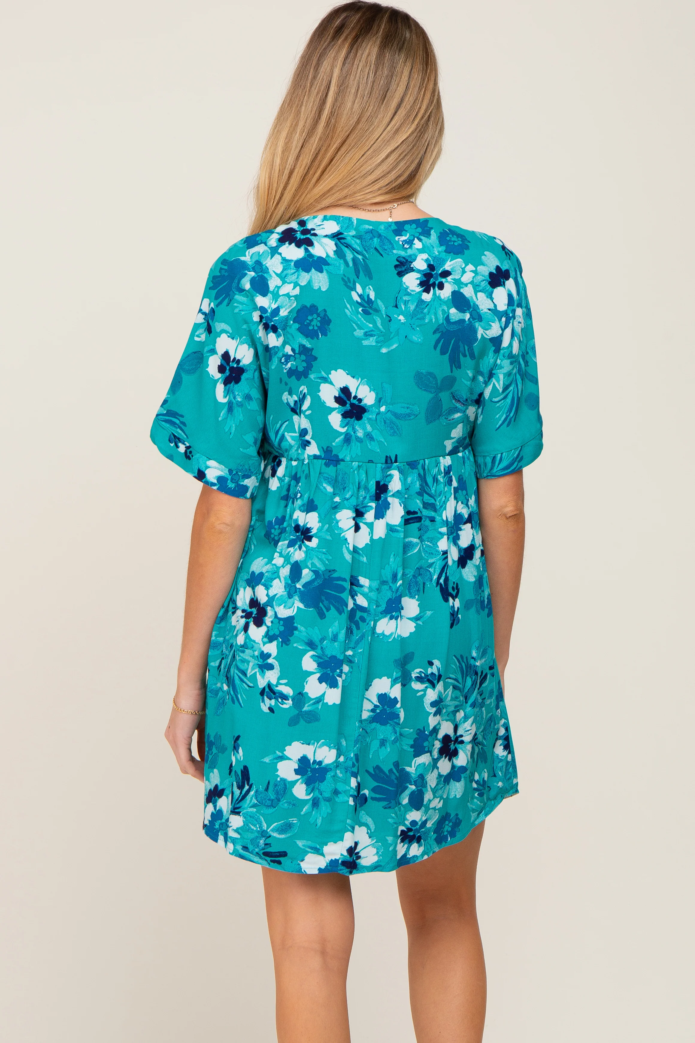 Teal Tropical Floral V-Neck Short Sleeve Maternity Dress - Image 4
