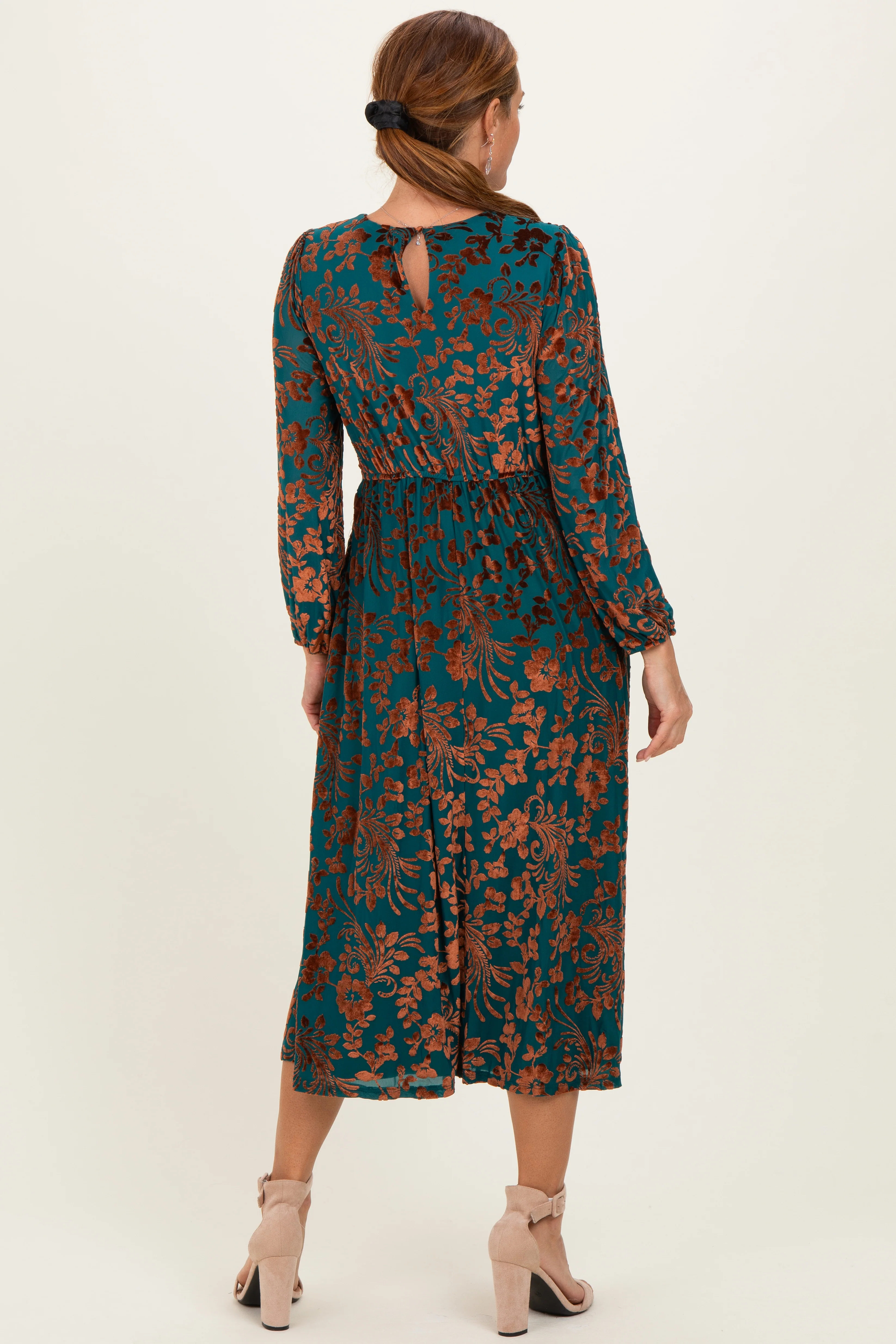 Teal Velvet Floral Overlay Midi Dress - Image 3