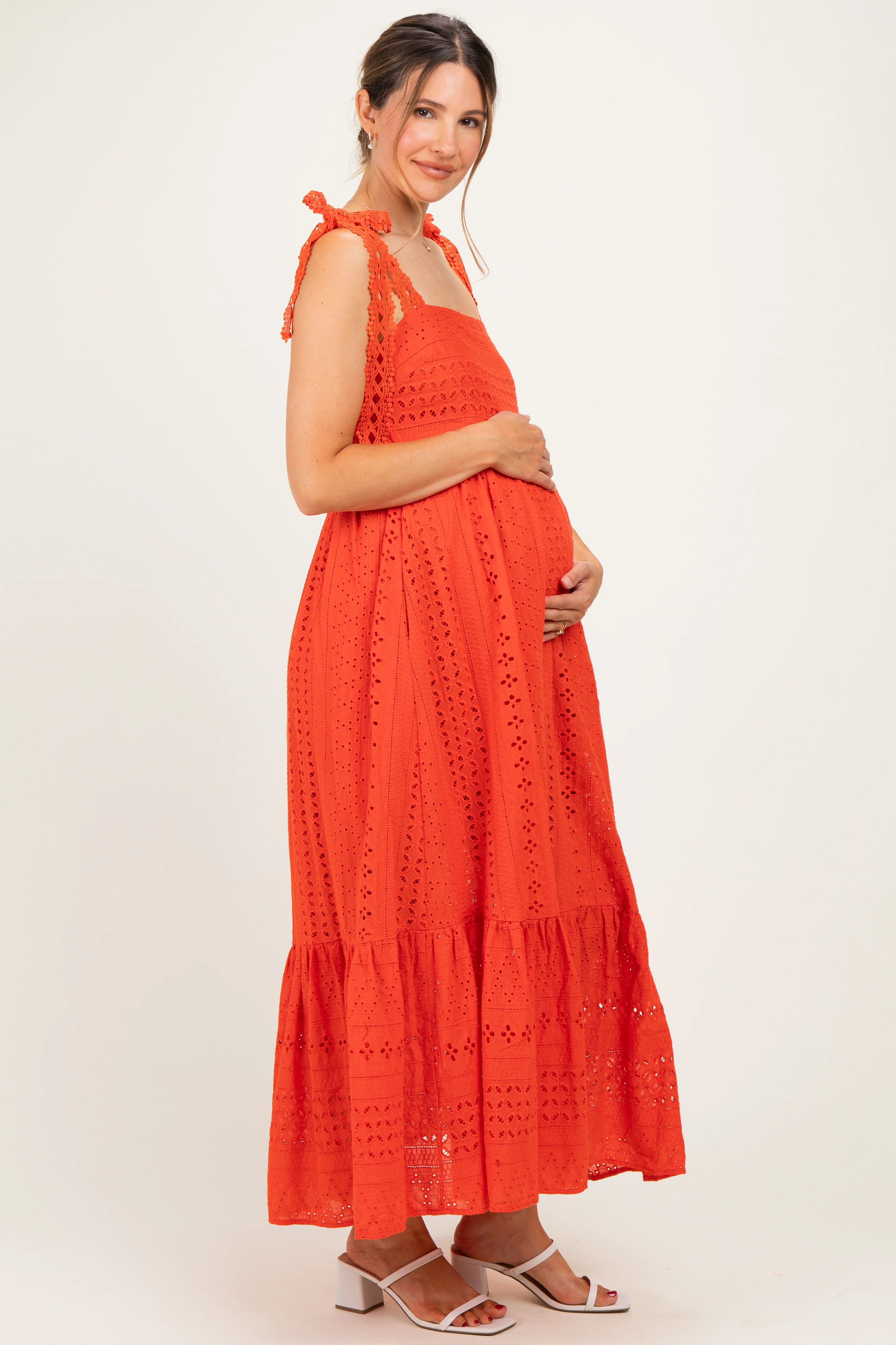 Tomato Laser Cut Lace Shoulder Tie Maternity Maxi Dress - Image 2