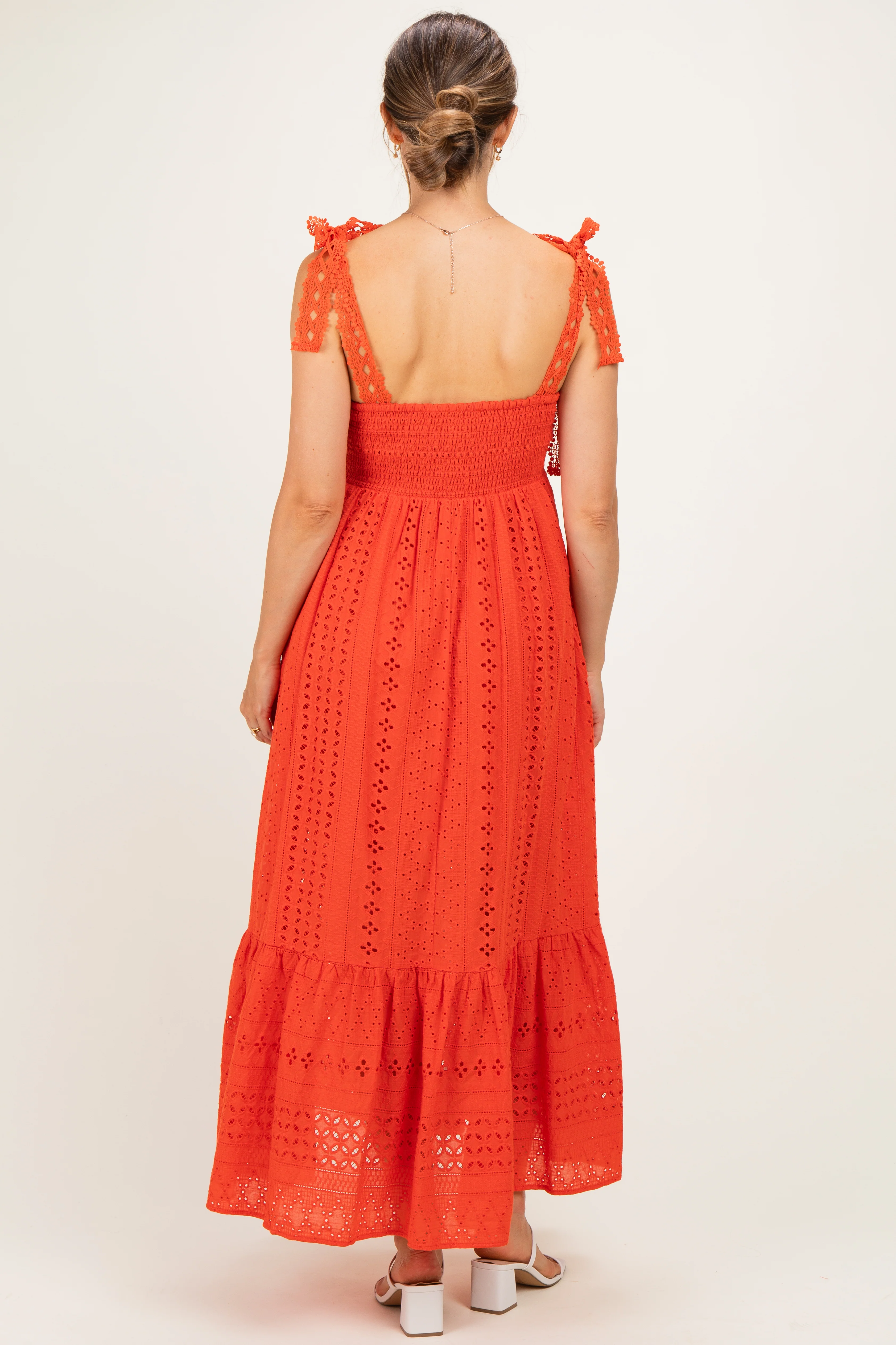 Tomato Laser Cut Lace Shoulder Tie Maternity Maxi Dress - Image 3