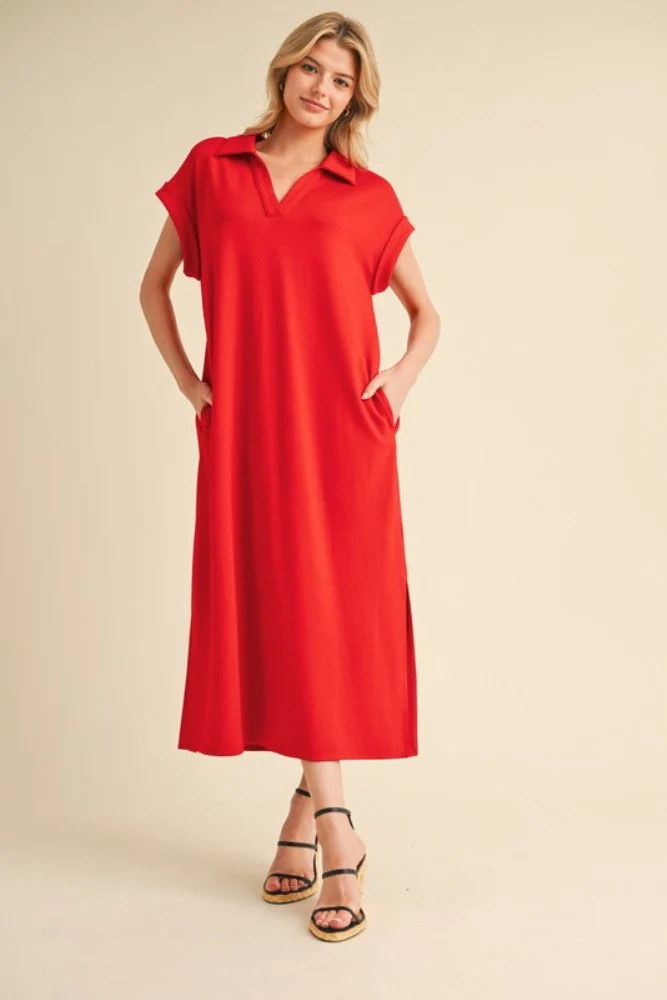 Tomato Red Collared Oversized Maternity Midi Dress - Image 4