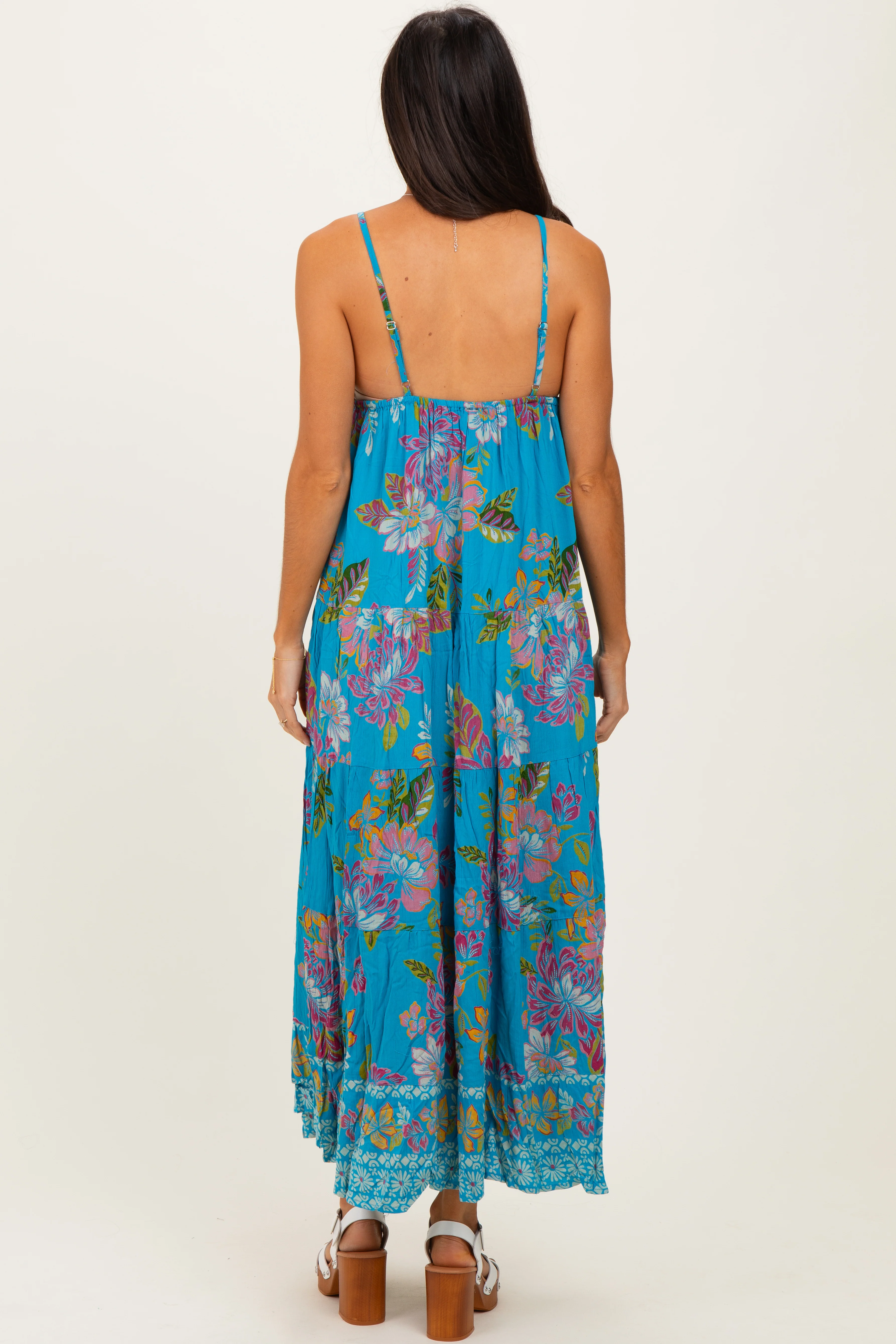 Turquoise Floral Deep V-Neck Tiered Maxi Dress - Image 4