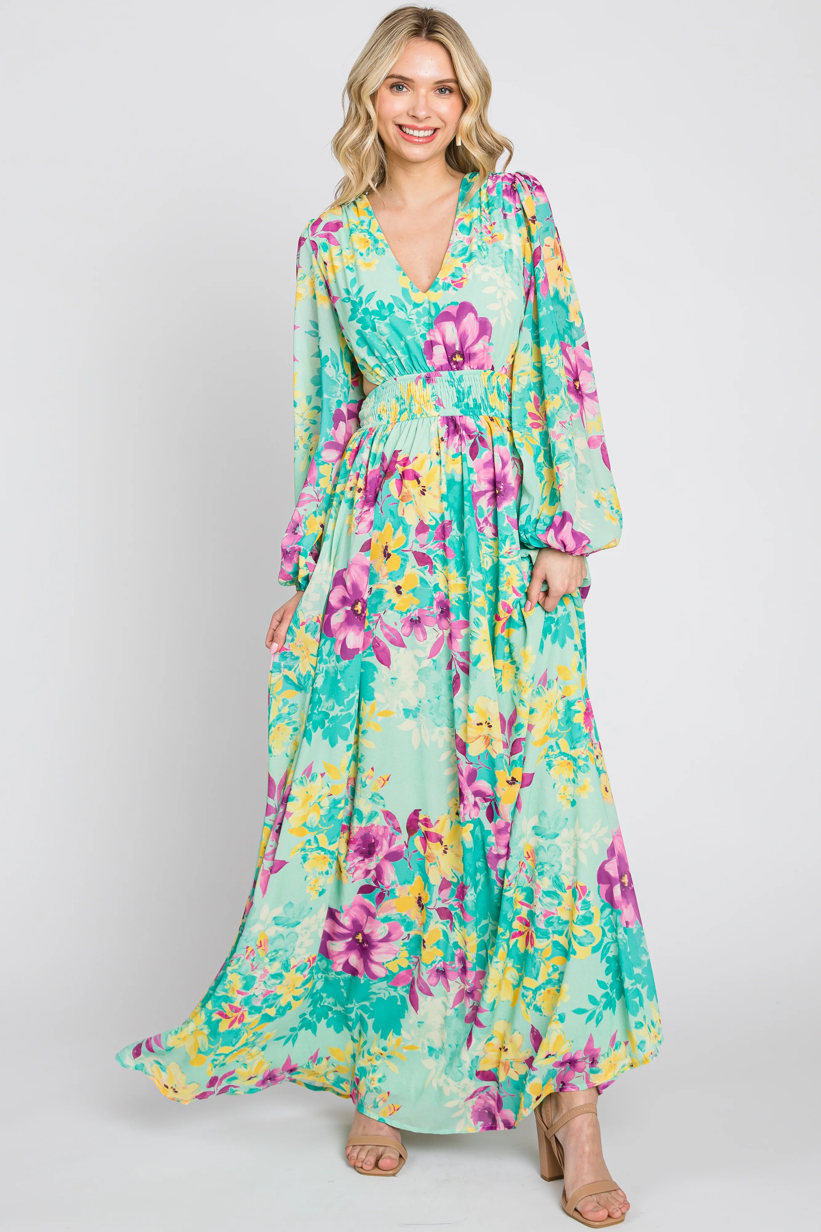 Turquoise Floral Side Cutout Maxi Dress