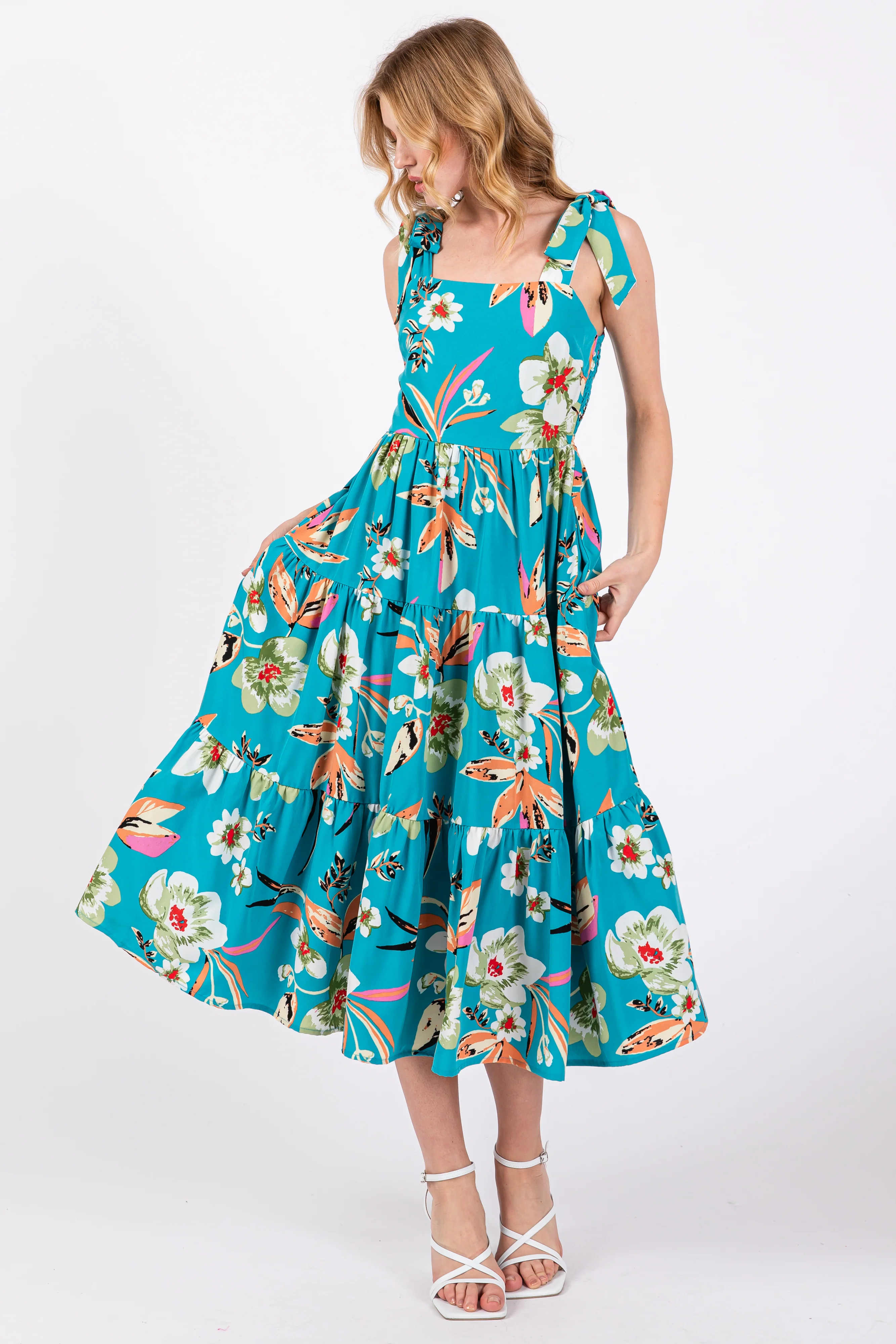 Turquoise Sleeveless Floral Tiered Maternity Midi Dress - Image 5