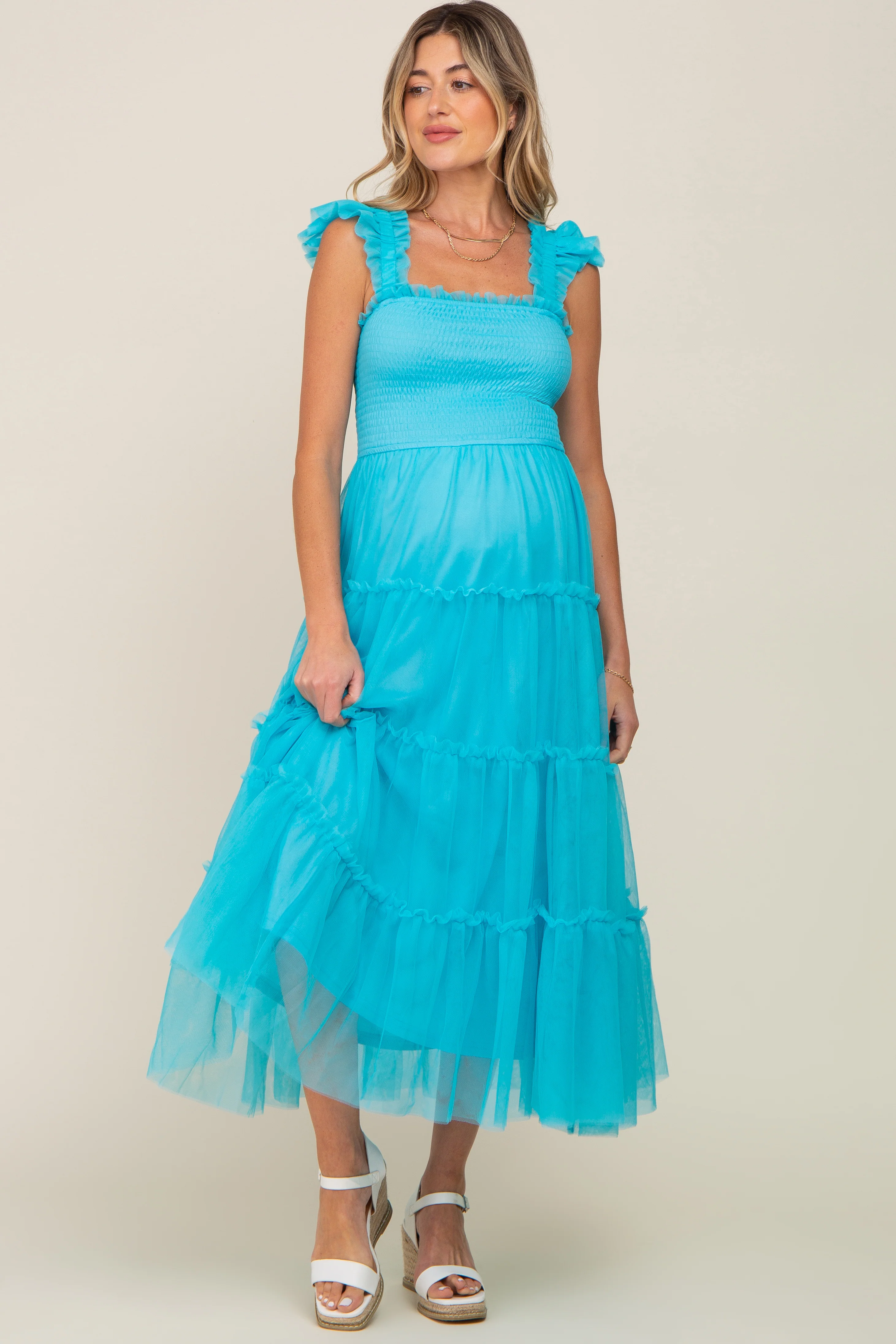 Turquoise Smocked Mesh Ruffle Accent Maternity Midi Dress - Image 4