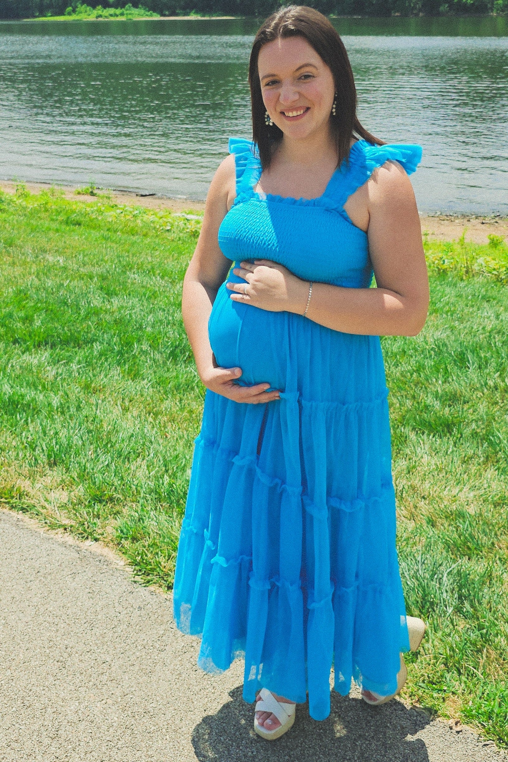 Turquoise Smocked Mesh Ruffle Accent Maternity Midi Dress - Image 6