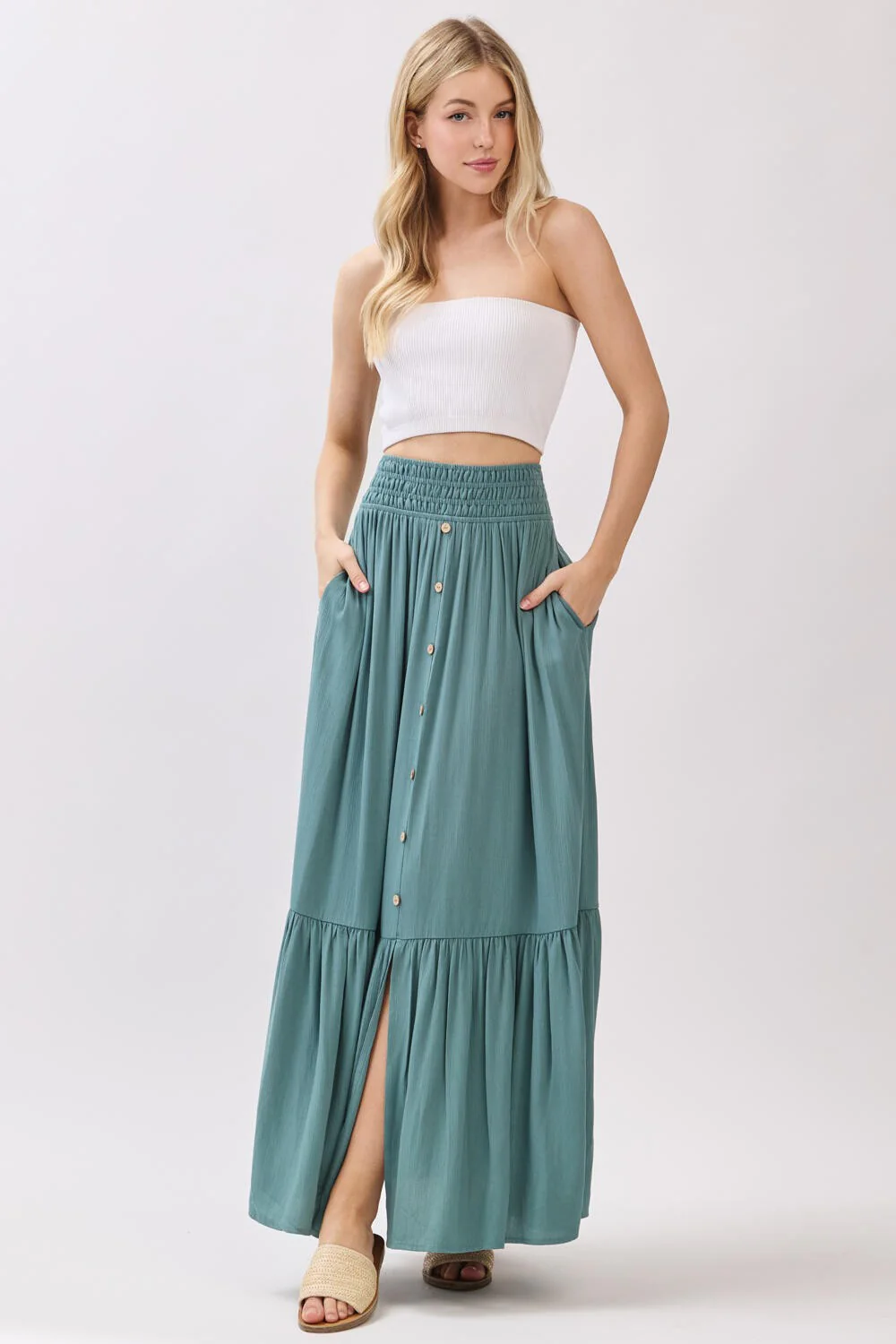 Turquoise Smocked Waist Button Detail Maternity Maxi Skirt - Image 5