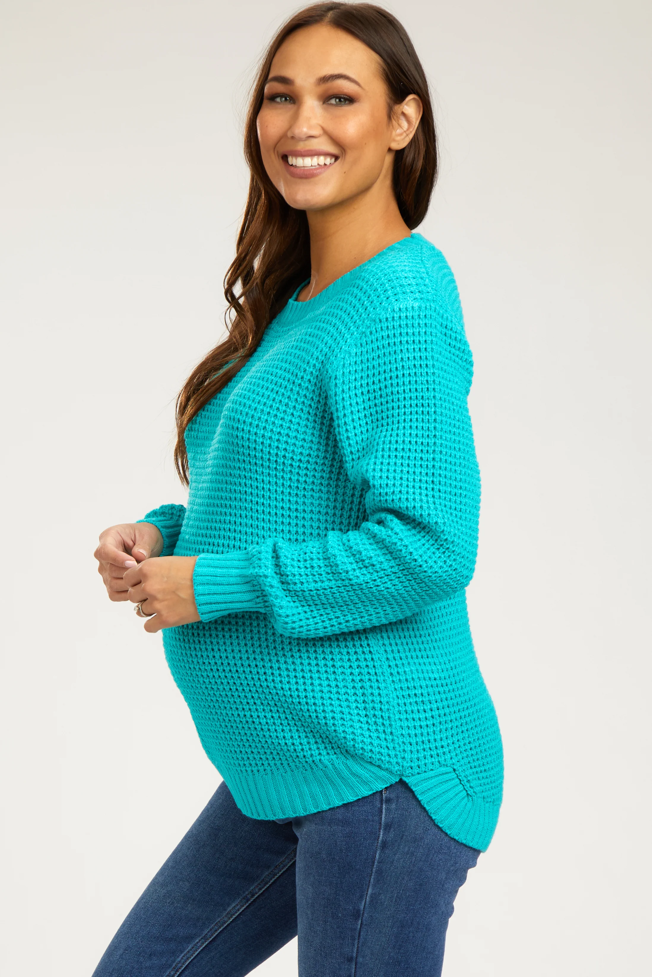 Turquoise Waffle Knit Round Hem Maternity Sweater - Image 2