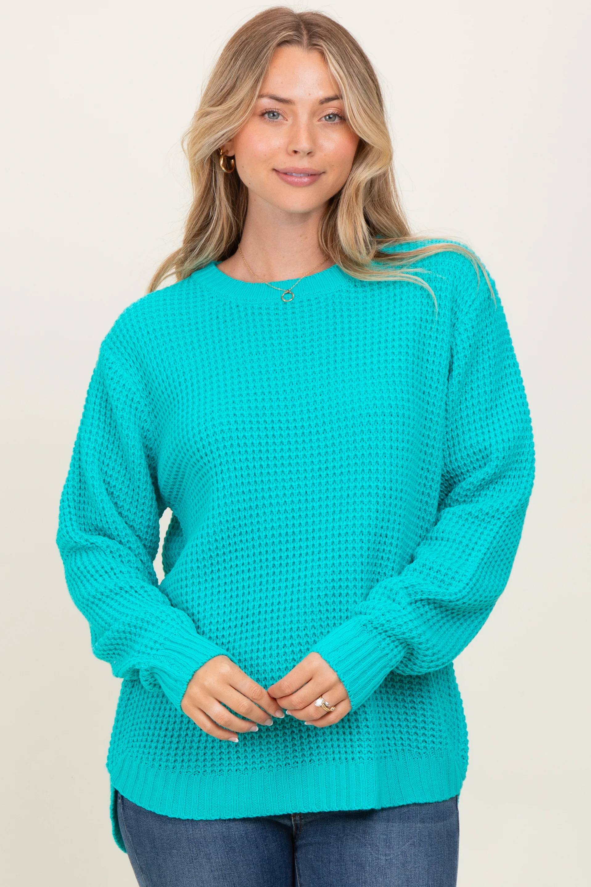 Turquoise Waffle Knit Round Hem Maternity Sweater - Image 4