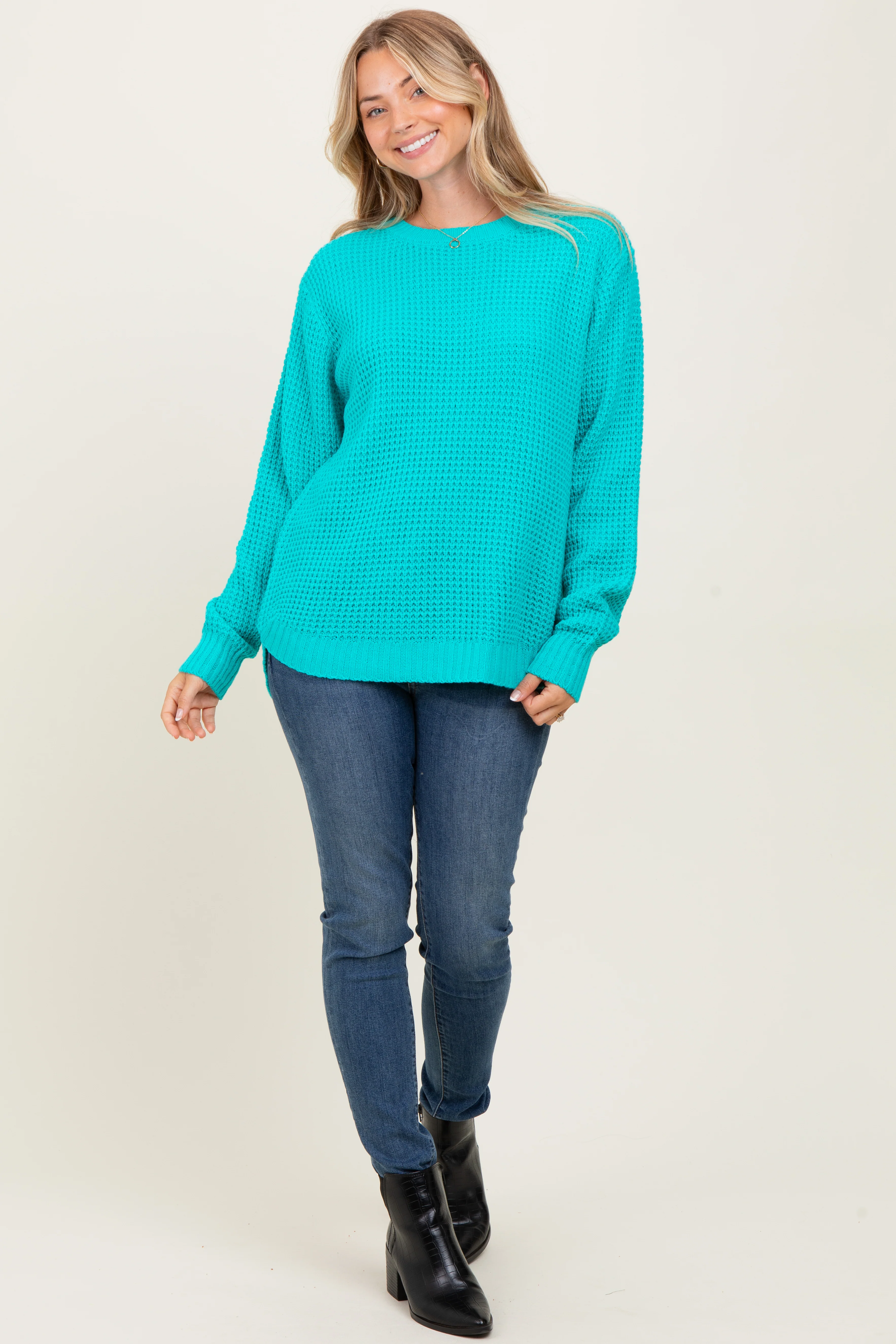 Turquoise Waffle Knit Round Hem Sweater - Image 4