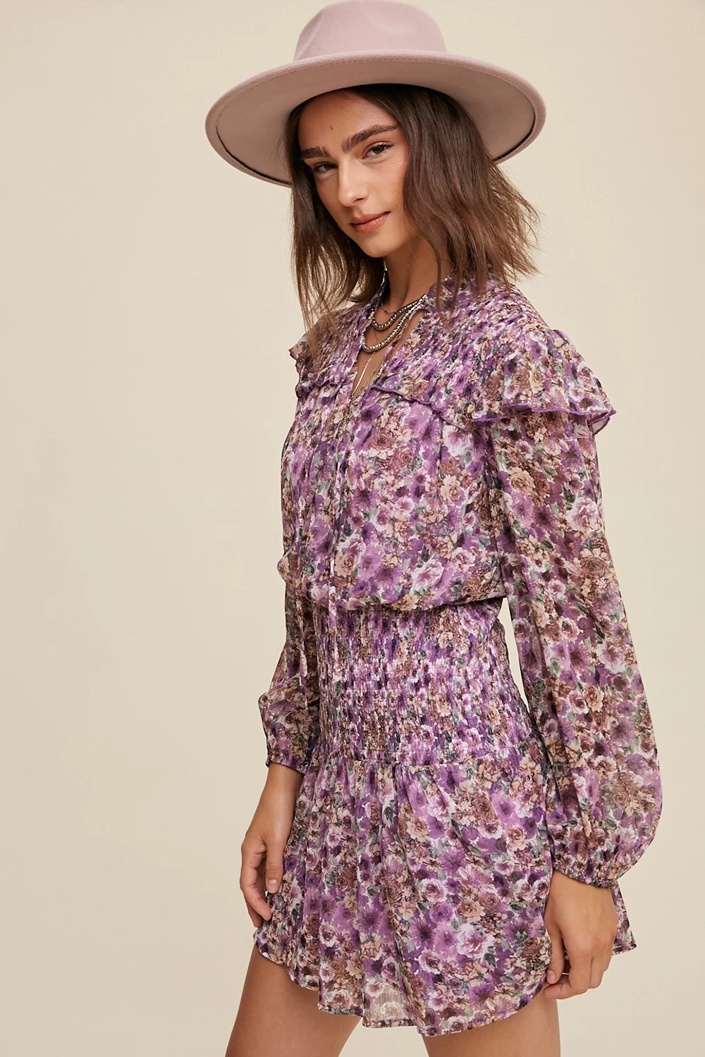 Violet Floral Print Ruffle Smocked Dress - Image 3