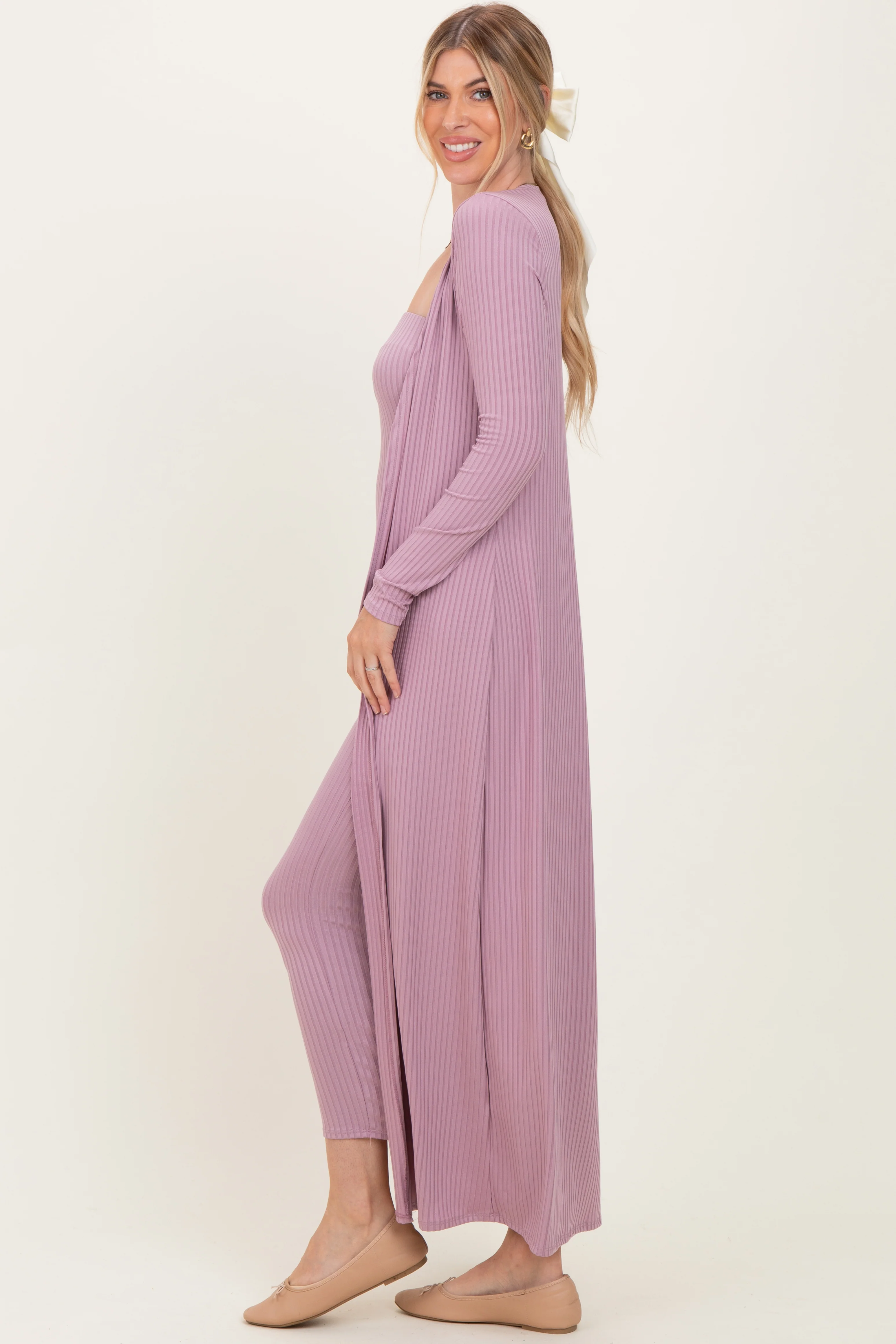 Violet Ribbed Sleeveless Dress Cardigan Set - Image 3