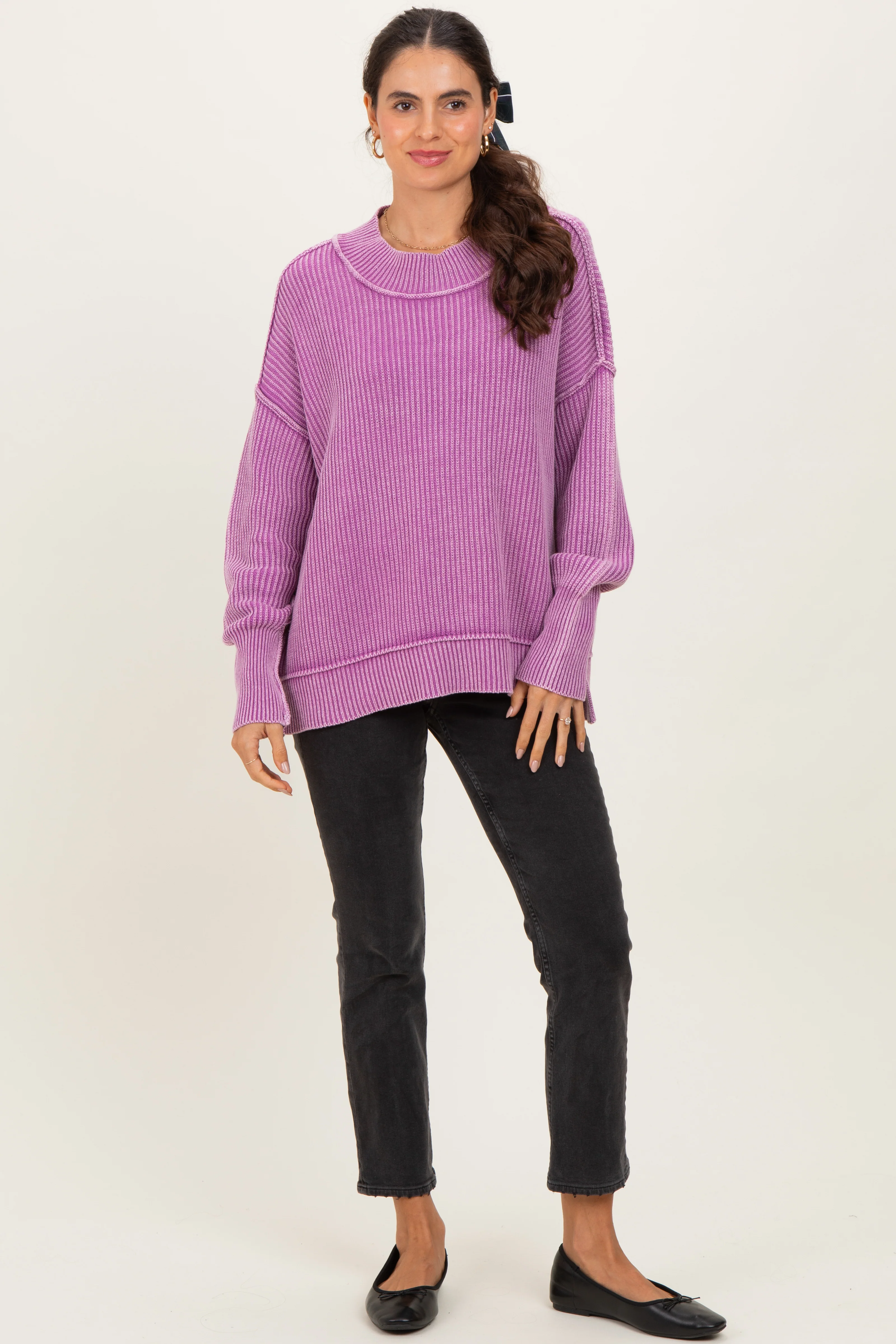 Violet Washed Side Slit Oversized Sweater - Image 2