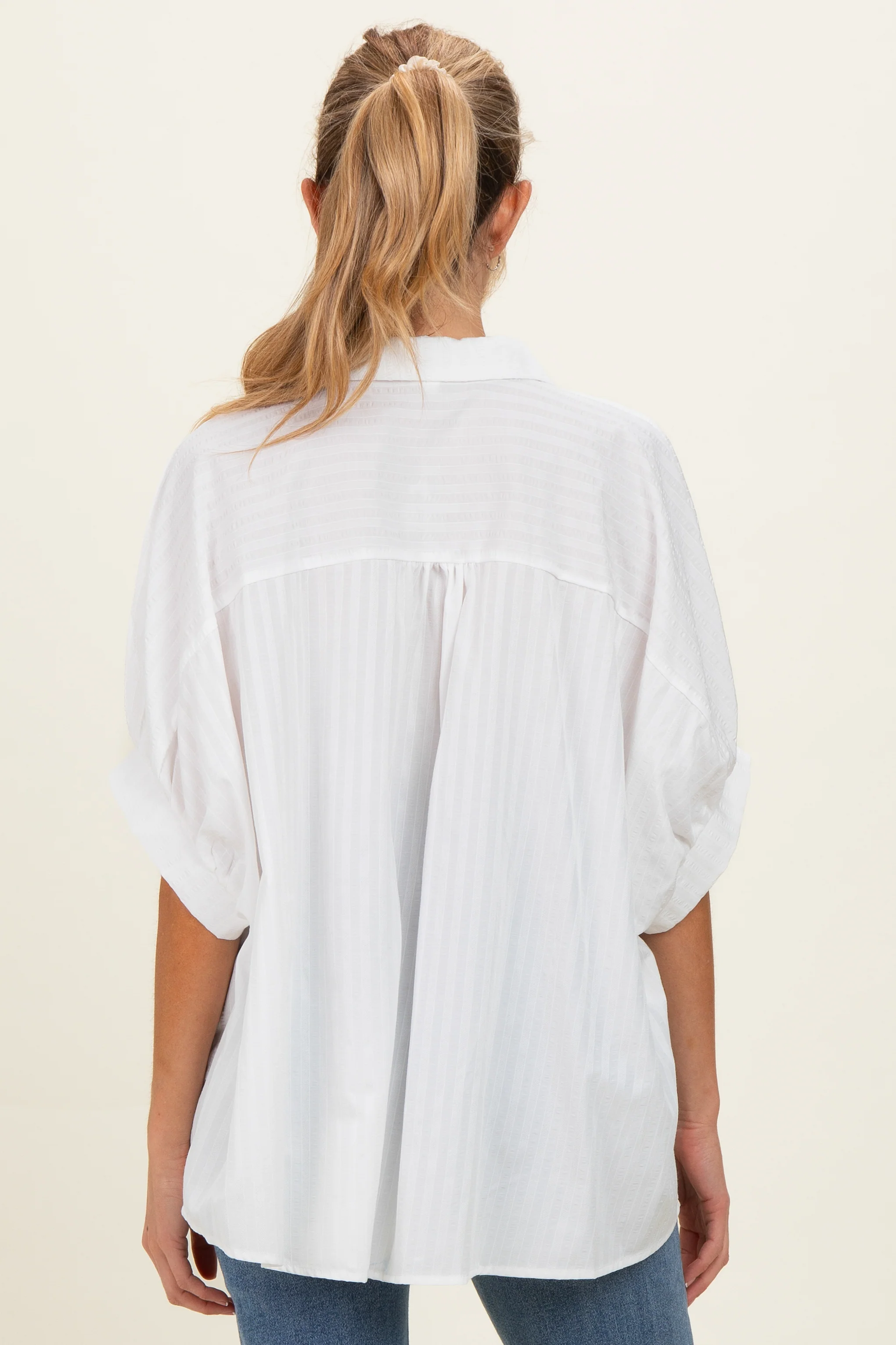 White Button Down Textured Stripe Oversized Maternity Shirt - Image 3