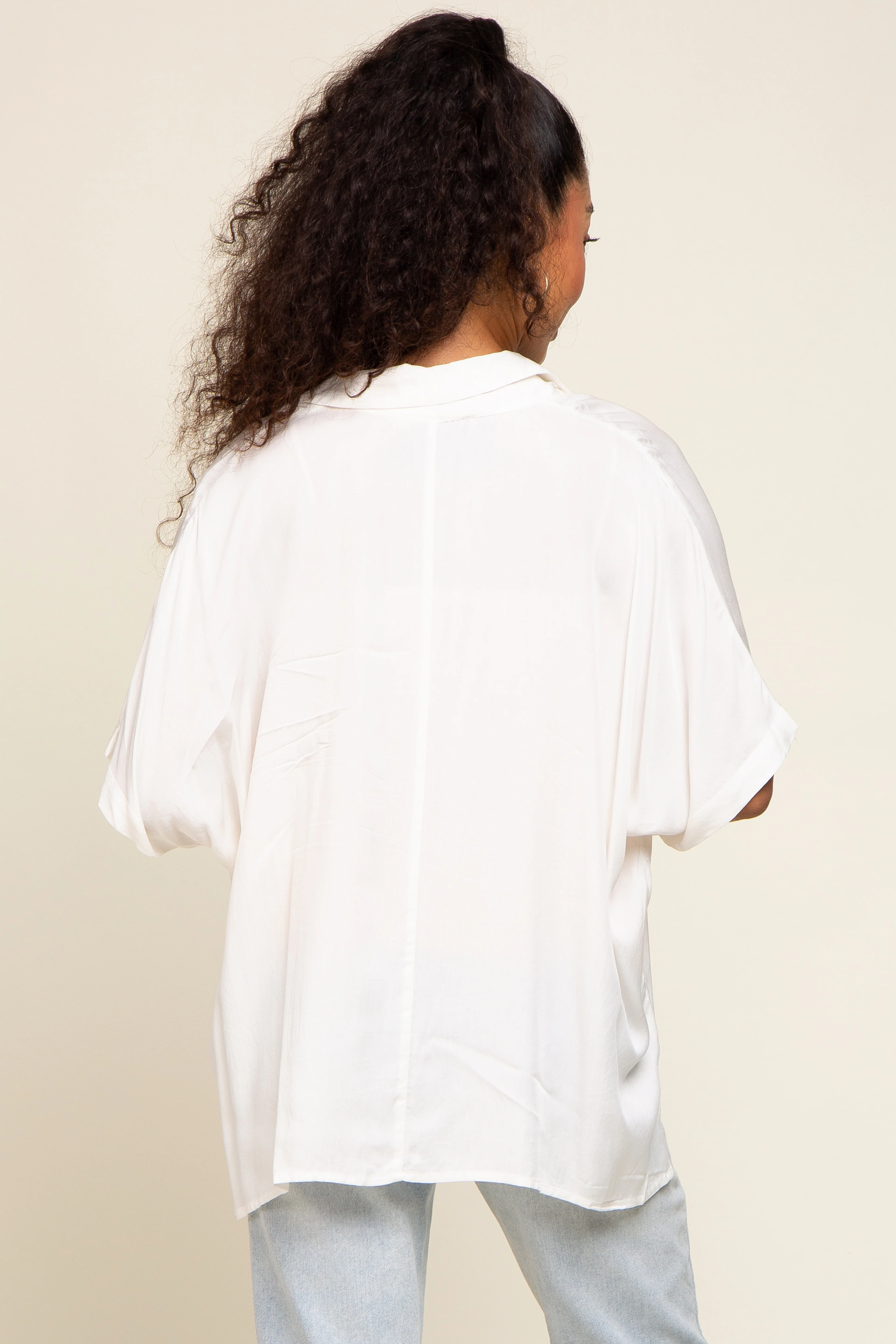White Button Up Dolman Short Sleeve Top - Image 3