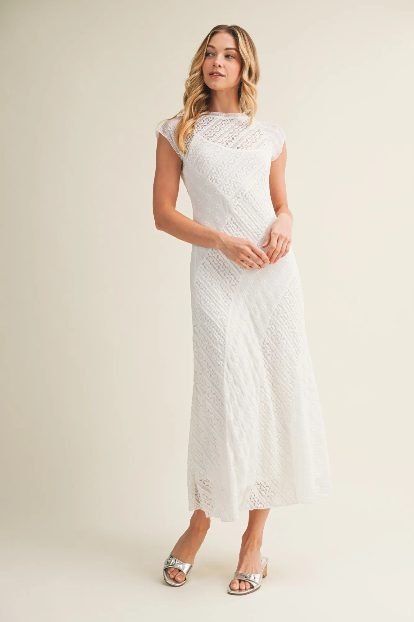 White Cap Sleeve Mixed Lace Dress - Image 2