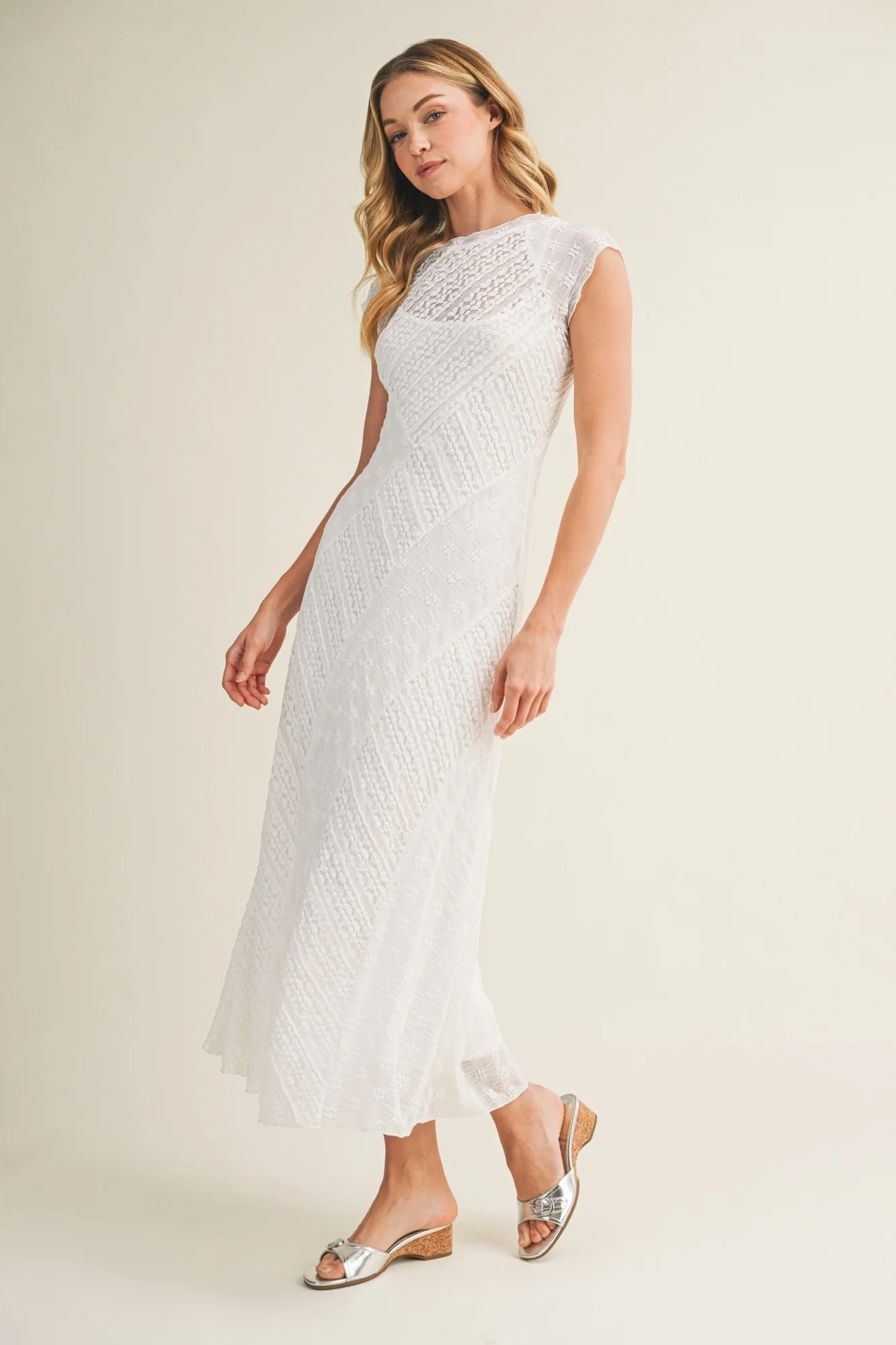 White Cap Sleeve Mixed Lace Dress - Image 3