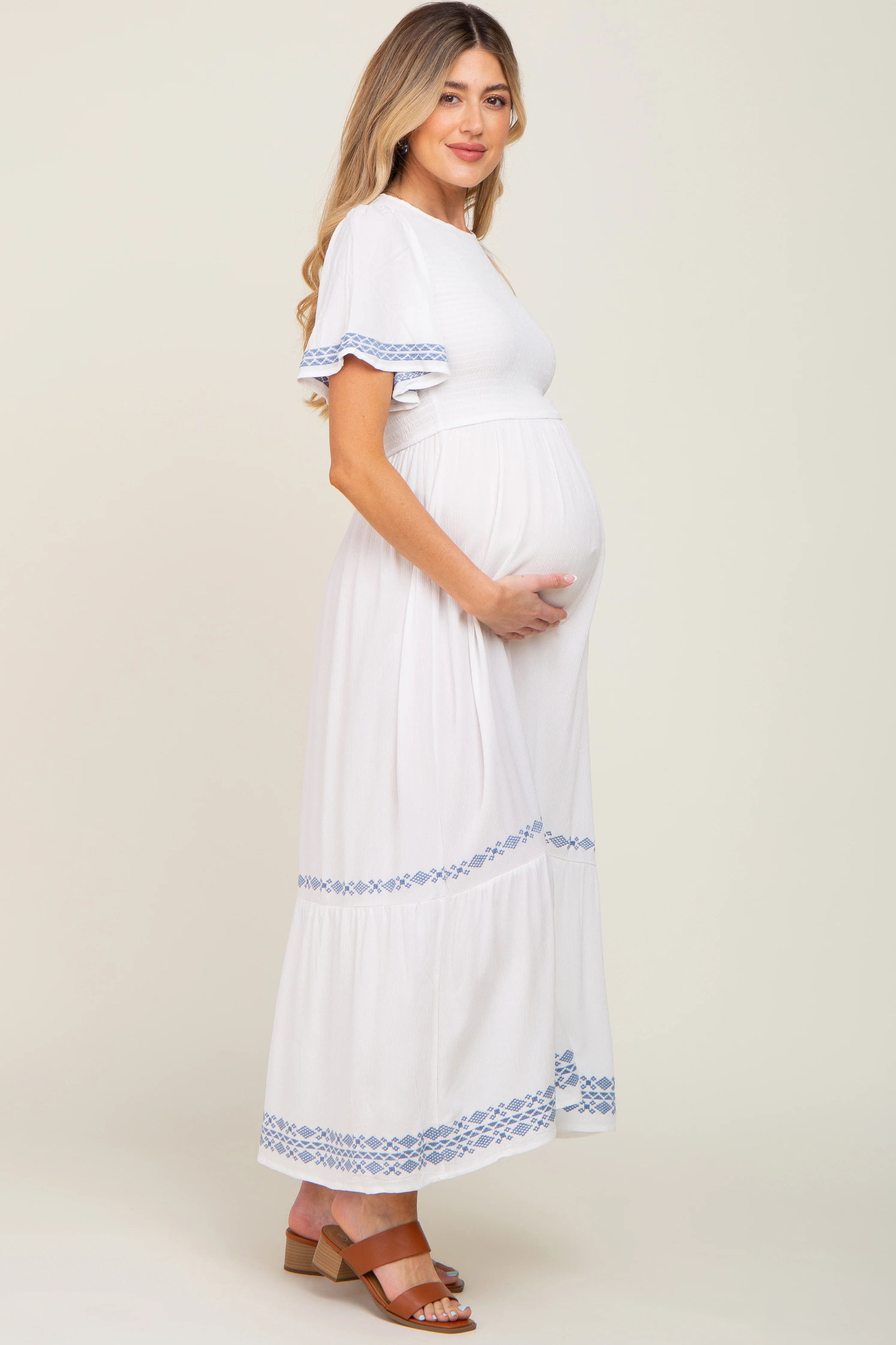 White Embroidered Accent Maternity Maxi Dress - Image 2